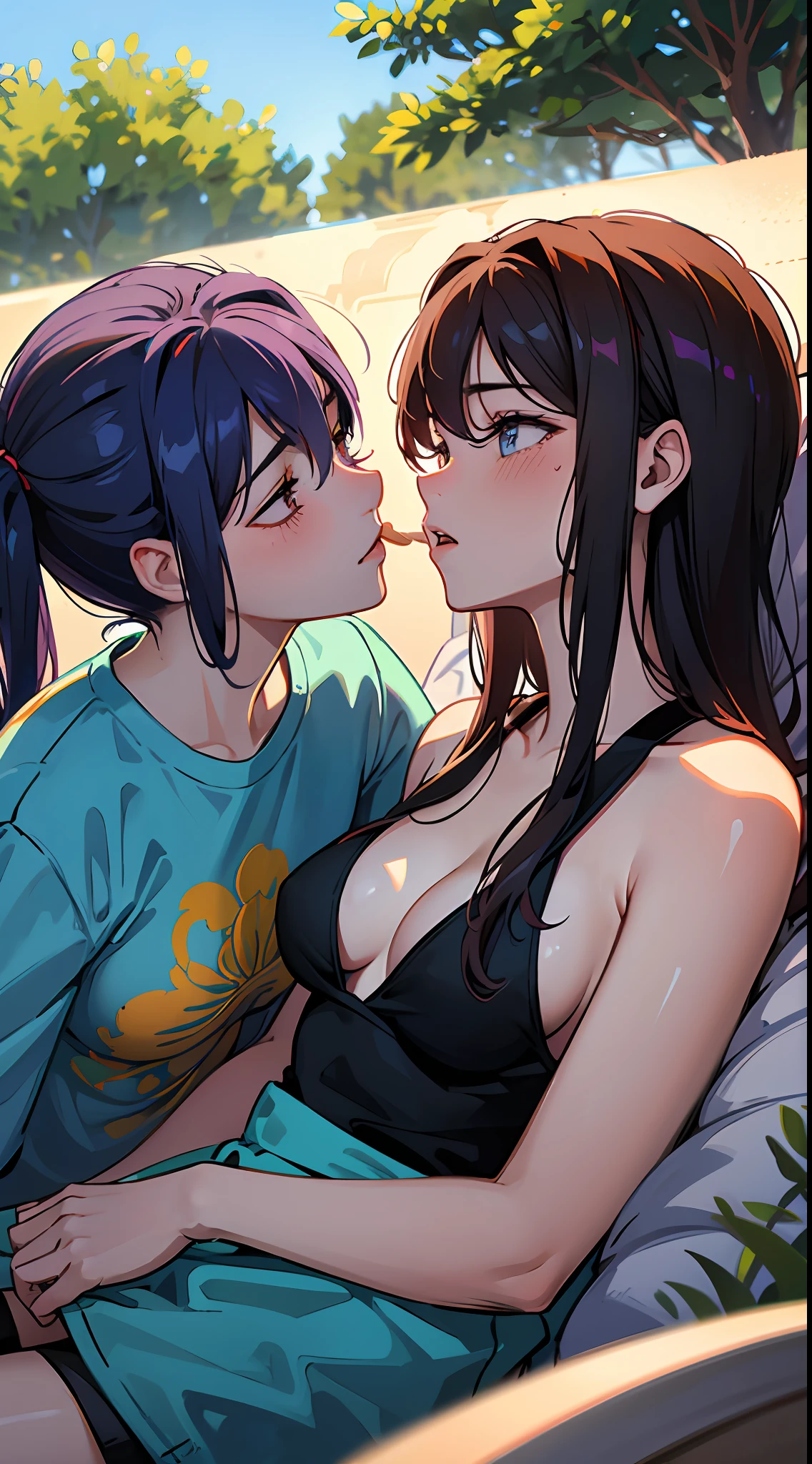 2 mulheres se divertindo, lascivas:1,2, hentai:1,2, NSFW:1,2, yuri lésbica:1,2, kissing, blushing, usando tank tops e saias, hot summer day, small boobs, perfect anatomy