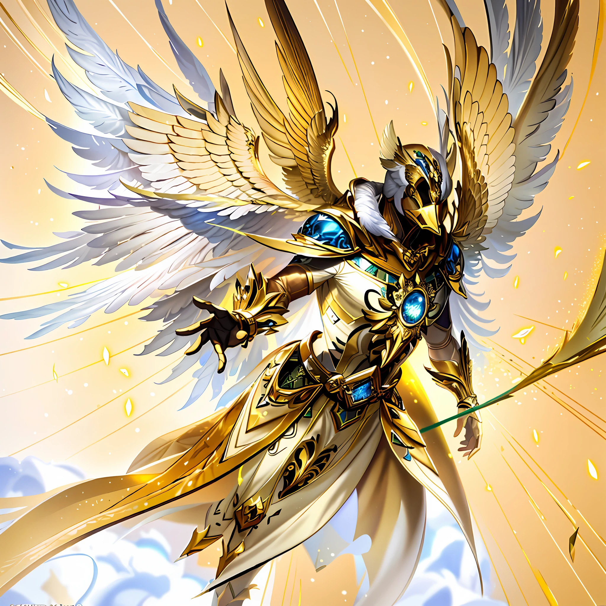 a close up of a person with a bird on a flying object, angelic golden armor, winged archer, armor angle with wing, archangel, black aarakocra eagle warlord, angel in plastic armor, by Yang J, clothed in ethereal armor, unreal engine fantasy art, mystical atlantean valkyrie, fantasy card game art, as a mystical valkyrie