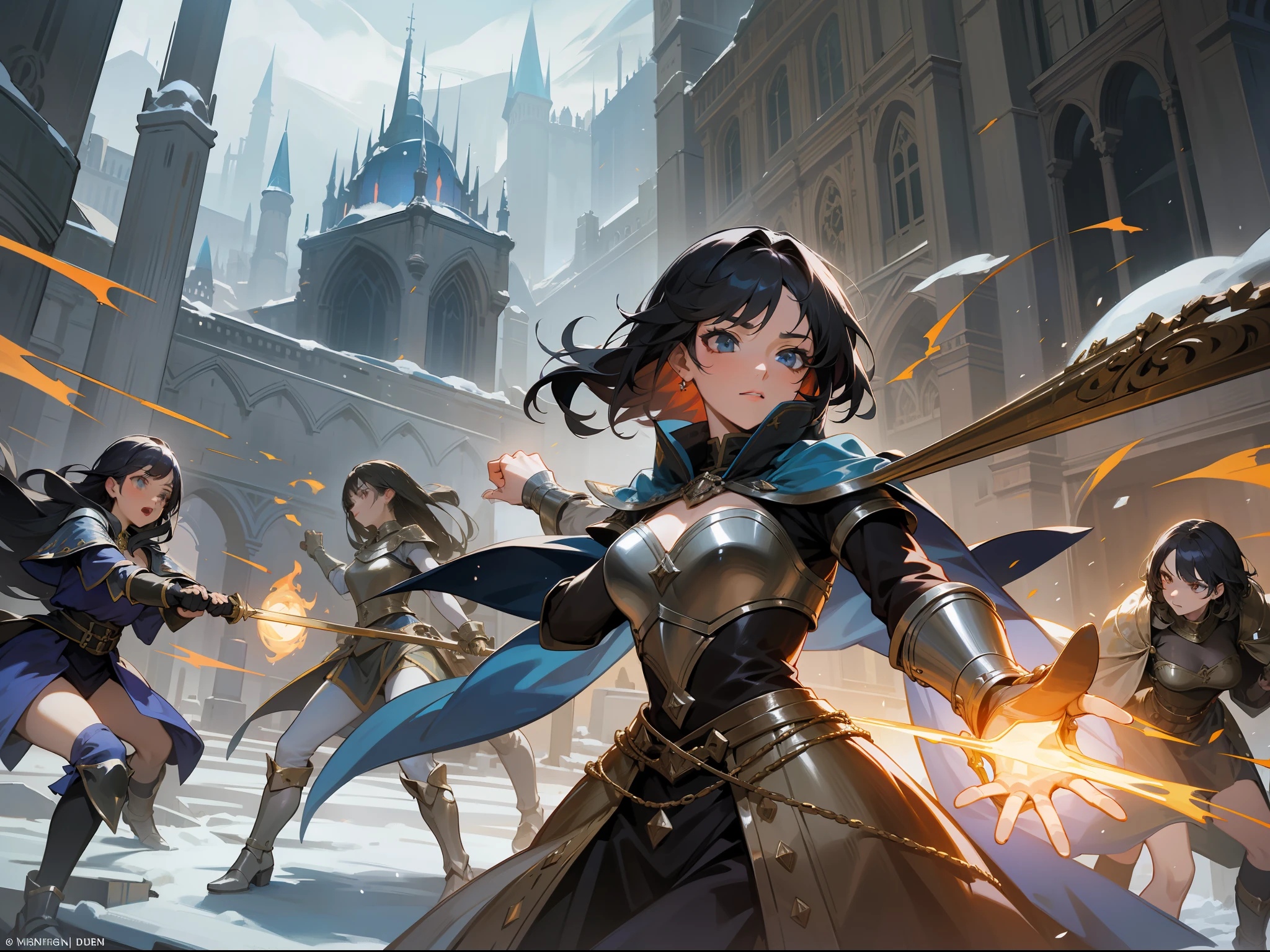 Masterpiece, best quality, women, a group of sorceresses fighting, manipulating elements of nature, fantasy, medieval, in an arena of battle, night, winter, dynamic pose, beautiful detailed brilliance.