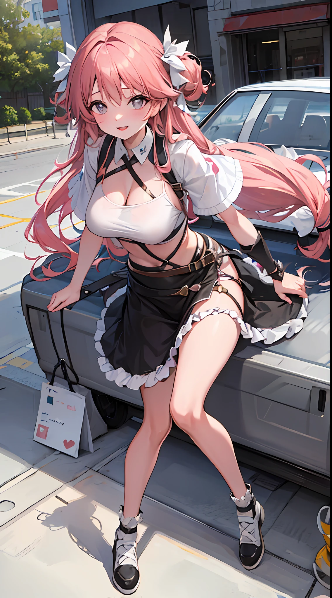 masterpiece, 1 girl, solo, pink hair, heart-shaped eyes, blush, light smile, big breasts, T-shirt,