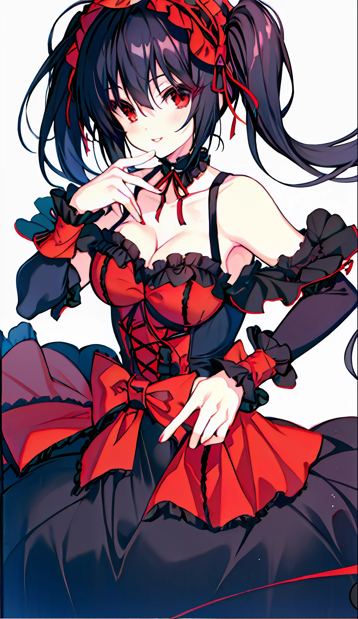 18 Year  Beautiful Girl, Masterpiece, Top Quality, 8K Anime, 1 Girl, Solo, Detailed Fingers, Precise Fingers, Non-Unnatural Hands, Odd Eye, Red Eyes, Cleavage, Black Hair Twin Tails, Kurumi Tokizaki