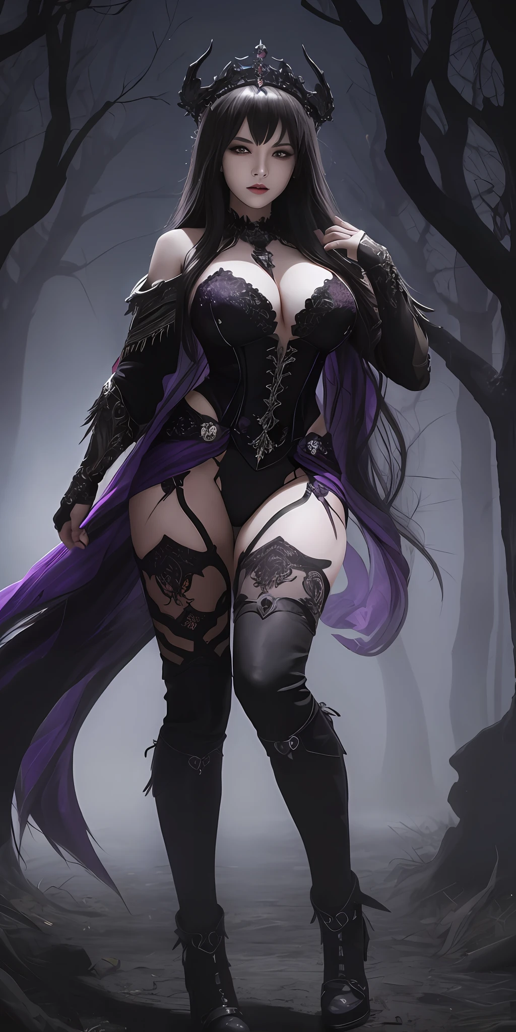 (16k, masterpiece, best quality), ultra-detailed, detailed beautiful round eyes, beautifully detailed face, high quality, high resolution, perfect anatomy, (a female necromancer appeared from the fog with an army of undead behind), in the darkness of the night, goddess of darkness, undead army, straight bangs, long hair, long legs, dark purple aura, evil, an evil face, undead background, huge breast, mature women, dynamic pose, looking into the distance, --s2