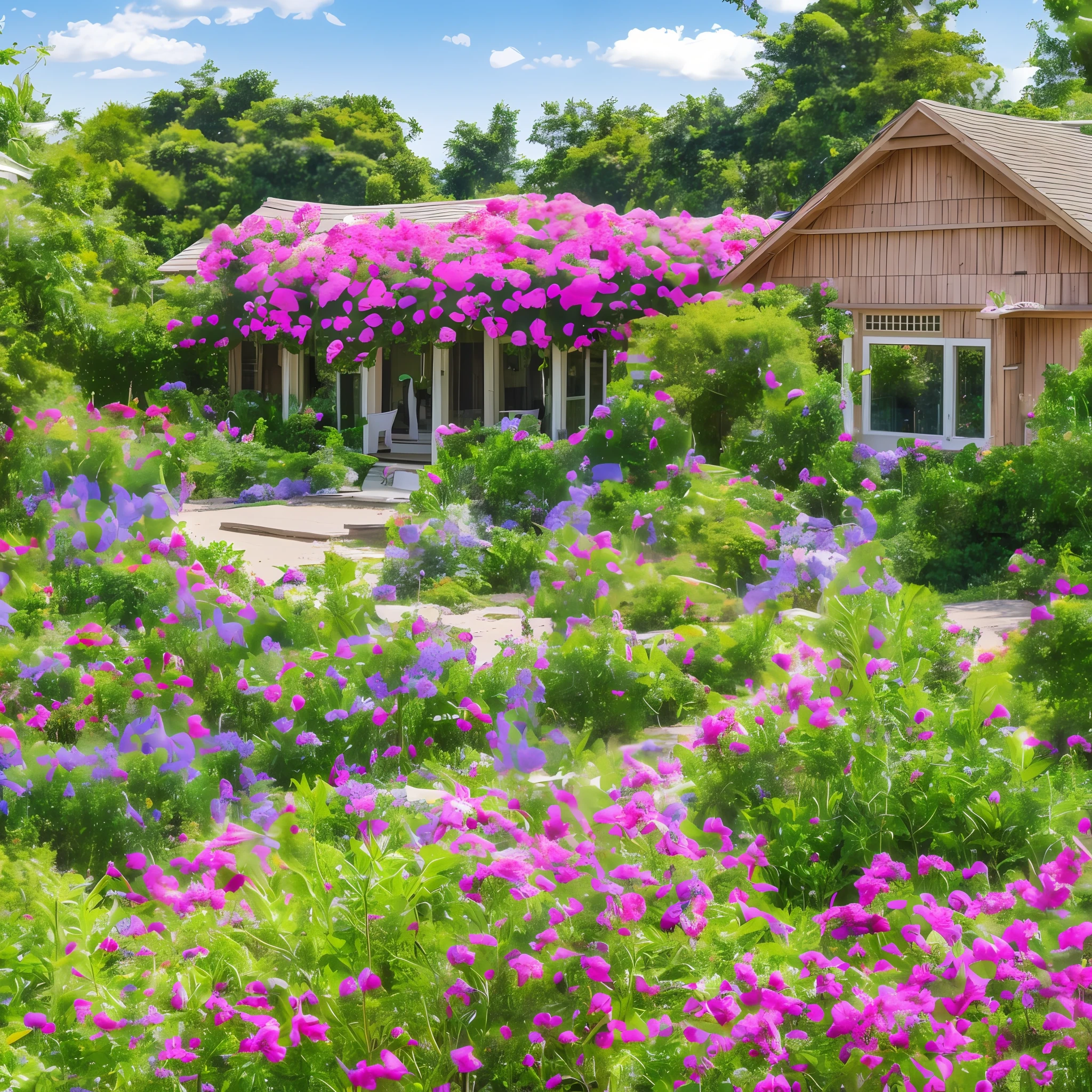 Real environment scene of children playing in the garden, house in the background, summer afternoon, beautiful yard with a wooden table in the middle of the yard, a beautiful table mat on the wooden table, on the table with delicious cakes, nice snacks, some fruits. The background is a wooden structure house, garden summer morning, sunny summer day, the ground is full of colorful flowers. --auto --s2
