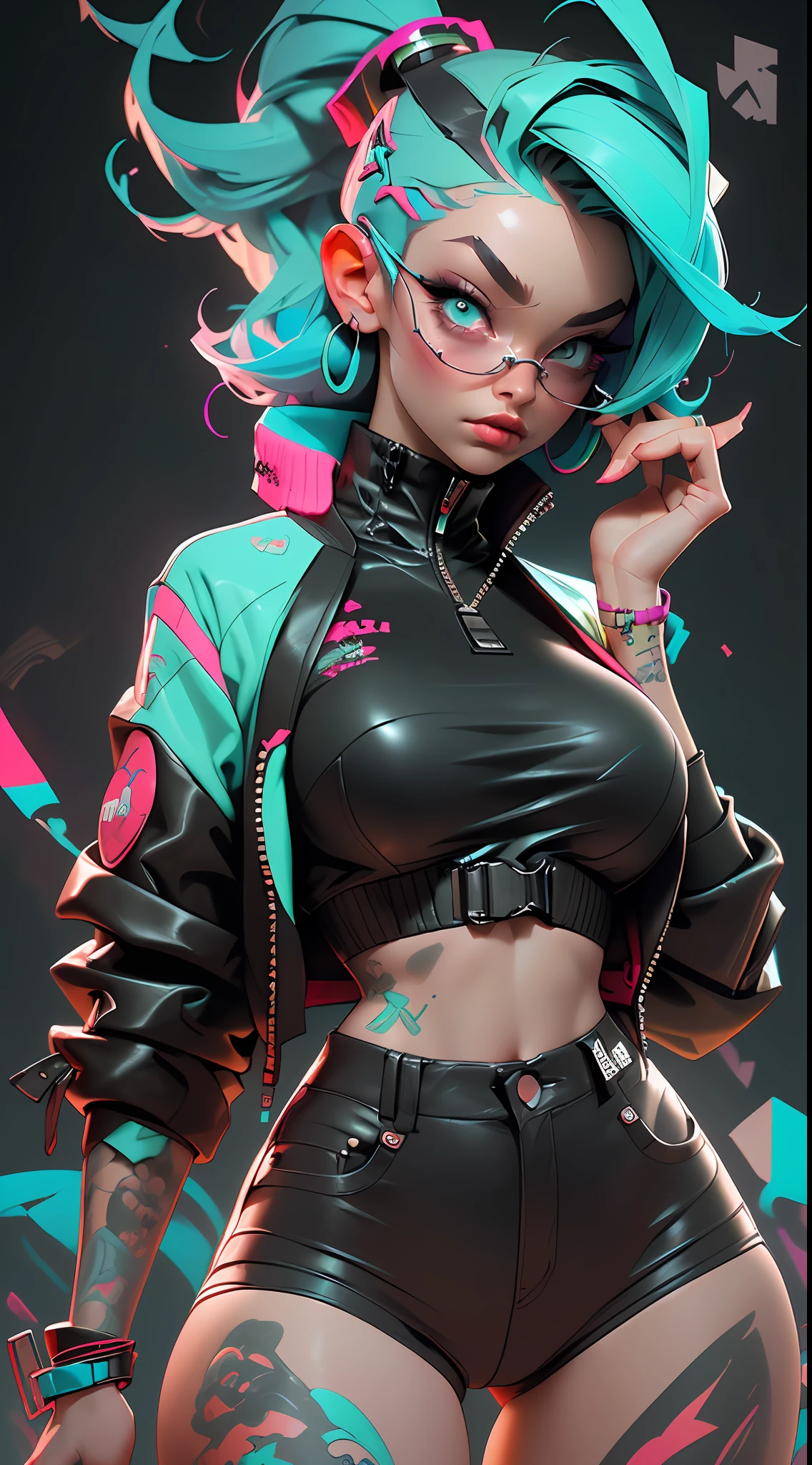 ((Best Quality)), ((Masterpiece)), ((Realistic)) and ultra-detailed photography of a 1nerdy girl with goth and neon colors. She has ((turquoise hair)), wears a (tech-wear jacket) and a (black thong, red pattern:1.2) , ((beautiful and aesthetic)), sexy, under-boobs, hot