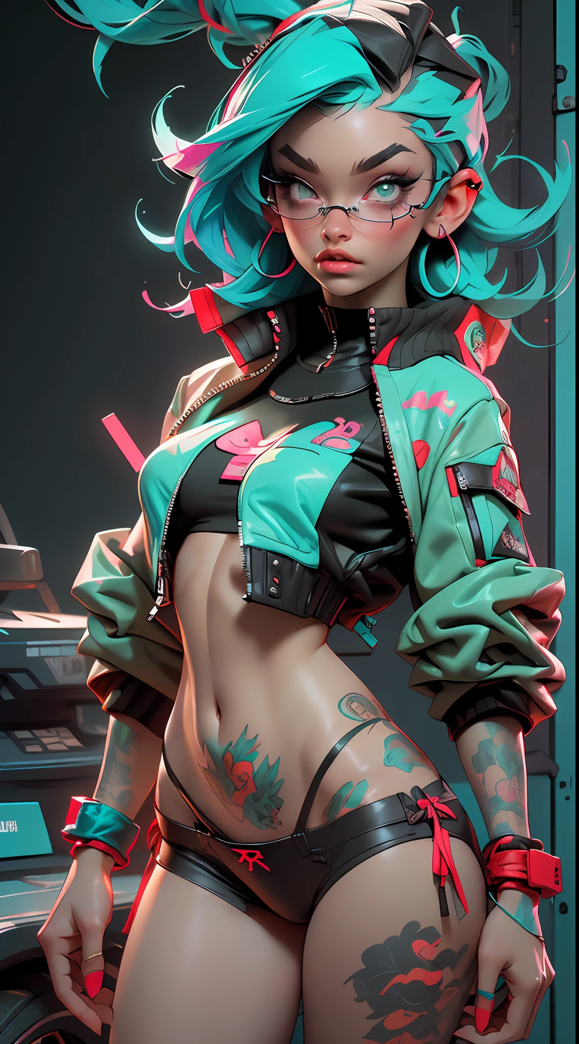 ((Best Quality)), ((Masterpiece)), ((Realistic)) and ultra-detailed photography of a 1nerdy girl with goth and neon colors. She has ((turquoise hair)), wears a (tech-wear jacket) and a (black thong, red pattern:1.2) , ((beautiful and aesthetic)), sexy, under-boobs, hot