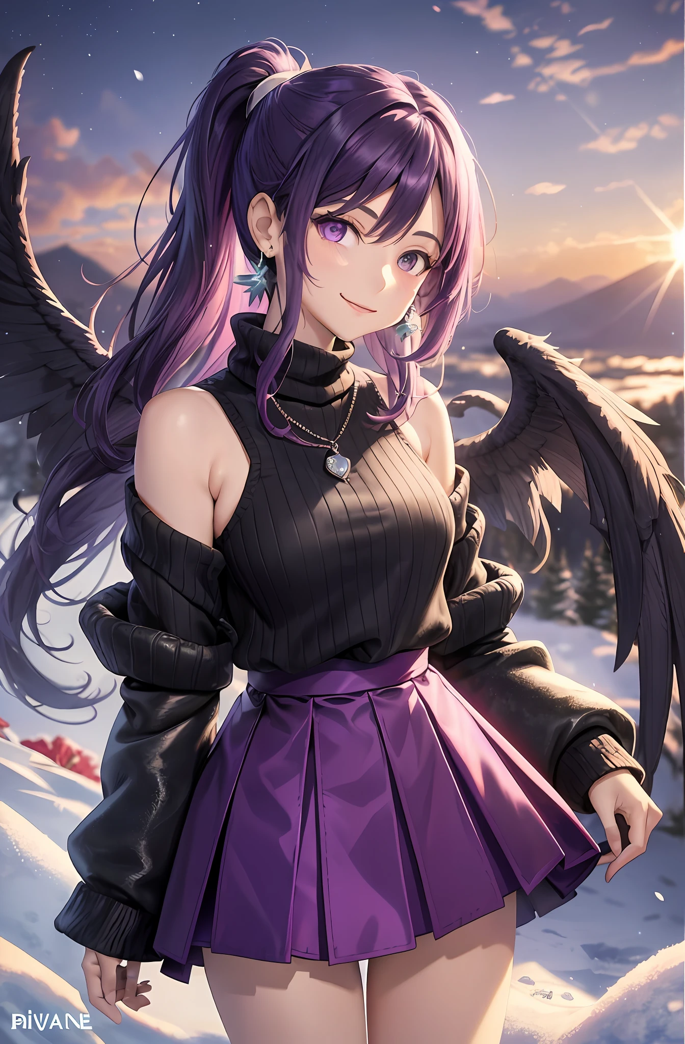 Ponytail. Longhair. Smile, purple hair. Earring. Divine wings on the back. Flip up the skirt. Slender body. Snow. Winter clothes. Muffler. Sweater. Shoulder out. Purple wings. Sunset.