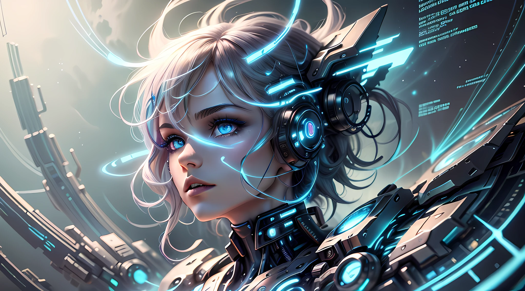 [best quality, ultra-detailed CG art: 1.2], floating, mysterious scene, phosphorecent lights, shrouded in mist, techpunk aesthetic, androgynous figure, beautiful eyes, cybernetic makeup, vibrant hair: phosphorecent blue, embedded with circuits, electric blue stripes, dynamic pose, bright environment, energy distortion, ptercodactyl, night sky. --auto --s2