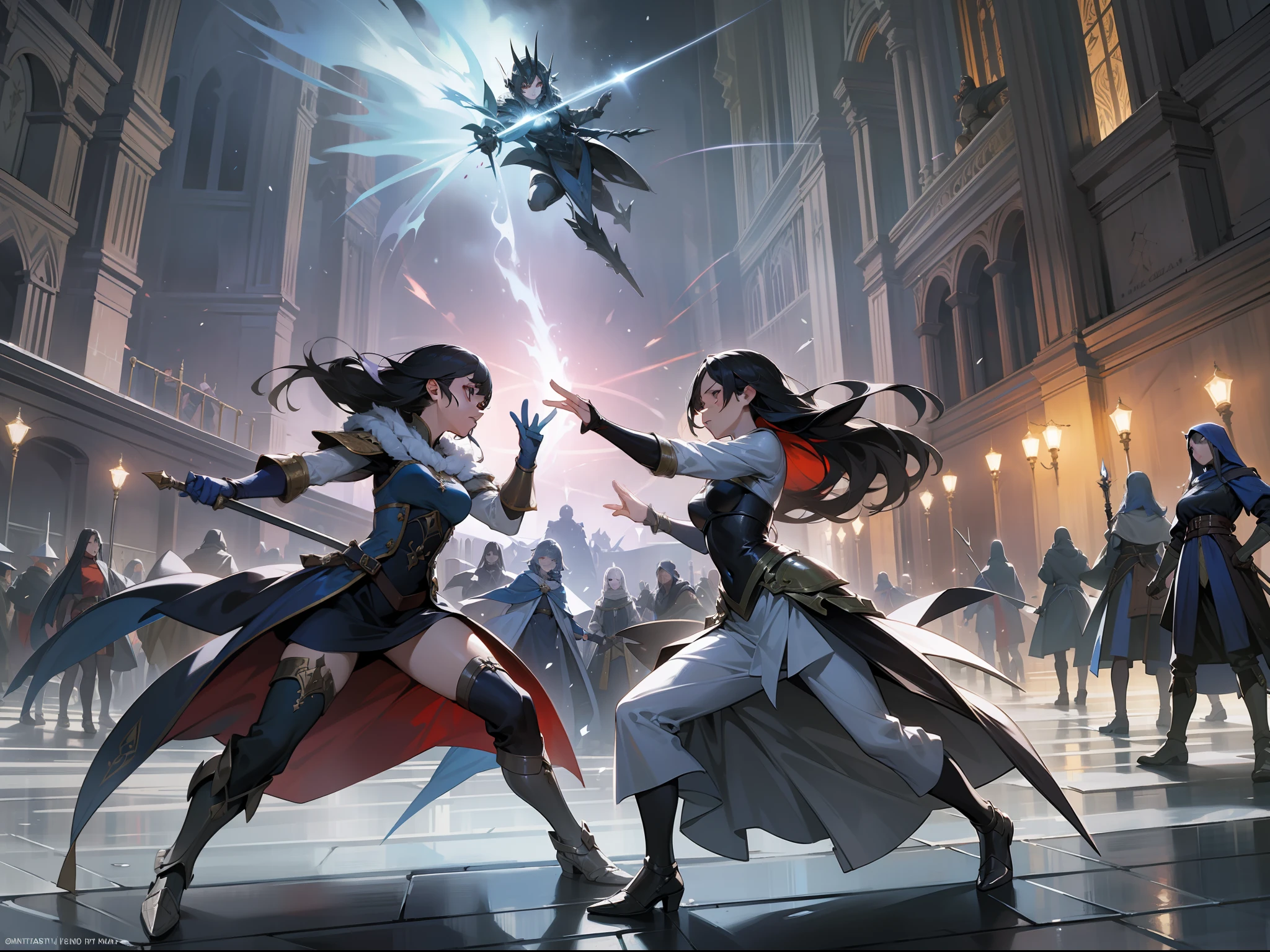 Masterpiece, best quality, women, a group of sorceresses fighting, manipulating elements of nature, fantasy, medieval, in an arena of battle, night, winter, dynamic pose, beautiful detailed brilliance.