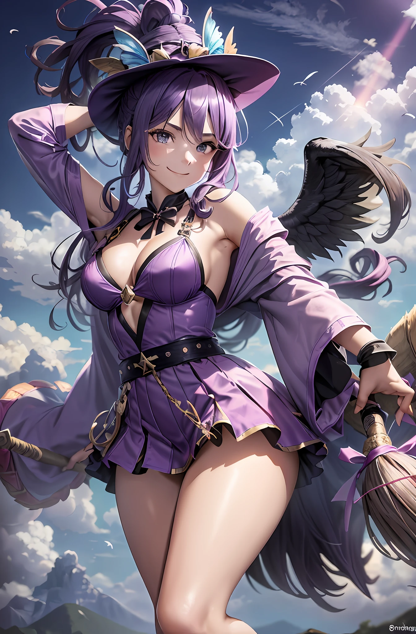 Ponytail. Longhair. Smiling bikini, purple hair. Big tits. Miniskirt. On the mountain. Clouds around. Angel wings on the back. Fly freely above the clouds. Magic broom. Wizard. Wizard Tongari hat. Magic robes. Purple wings. Strong sunshine.