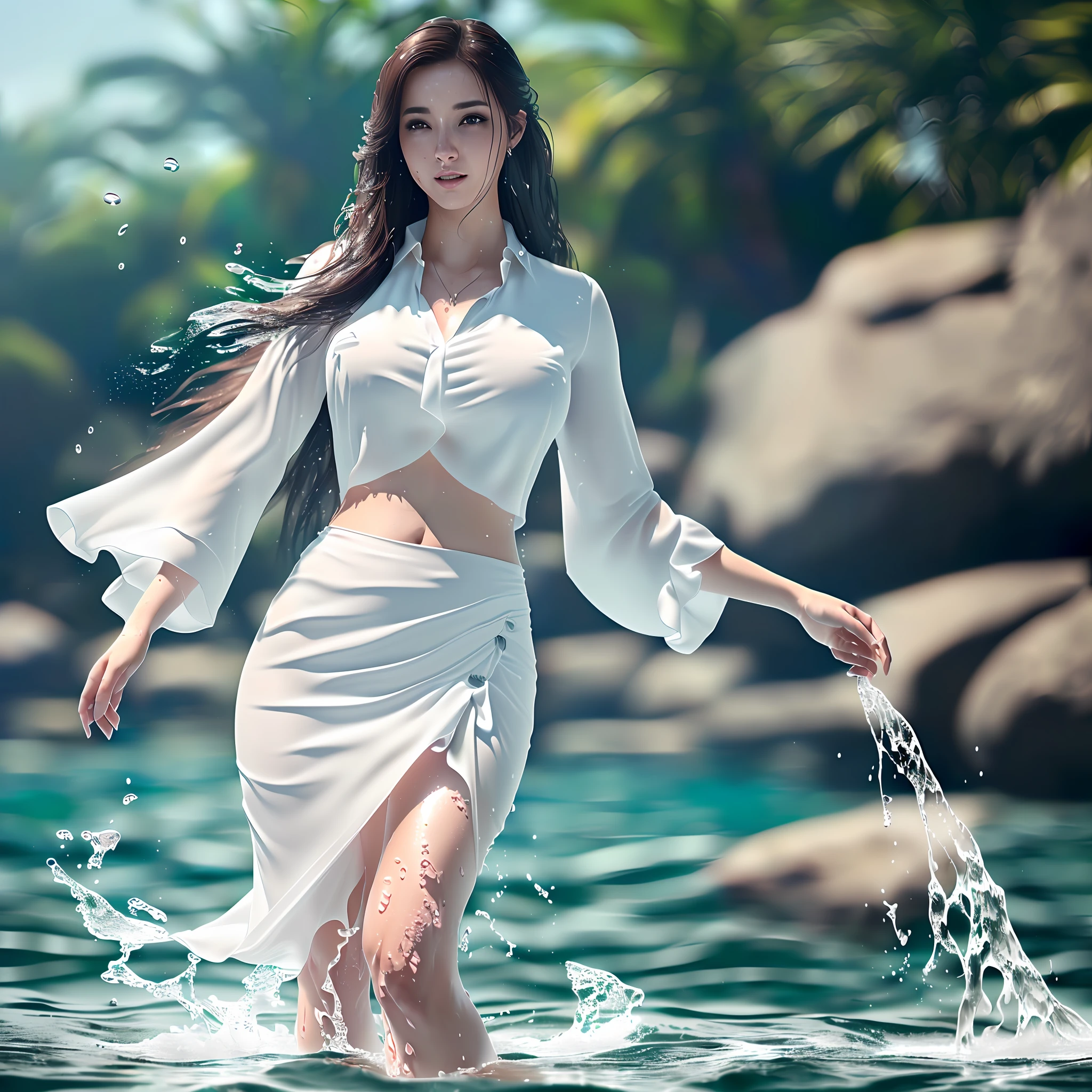 splash photography of a beautiful woman in the water, wearing white blouse and long tight skirt, long hairs, splash photography, breakthrough the water surface, water splashing, highly detailed, photo realistic, unreal engine, octane render, 8k resolution
