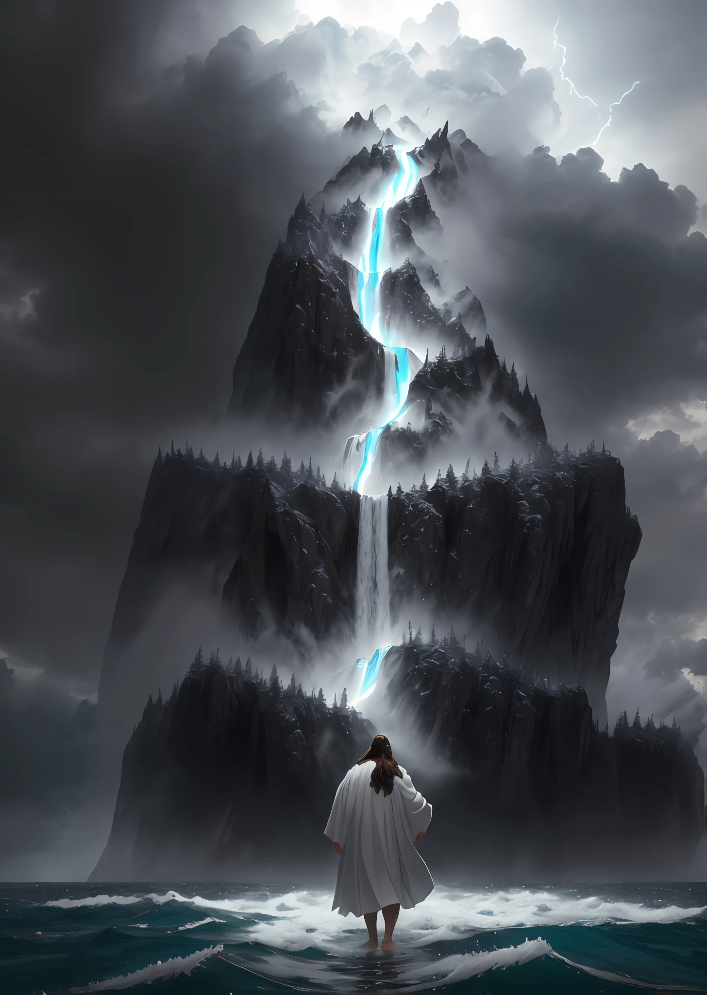 jesus walking on water in a storm, masterpiece, best quality, high quality, extremely detailed CG unit 8k wallpaper, award winning photography, Bokeh, Depth of Field, HDR, bloom, Chromatic aberration, photorealistic, extremely detailed, trending on artstation, trending on CGsociety, intricate, high detail, dramatic, mid-journey art, volumetric lighting