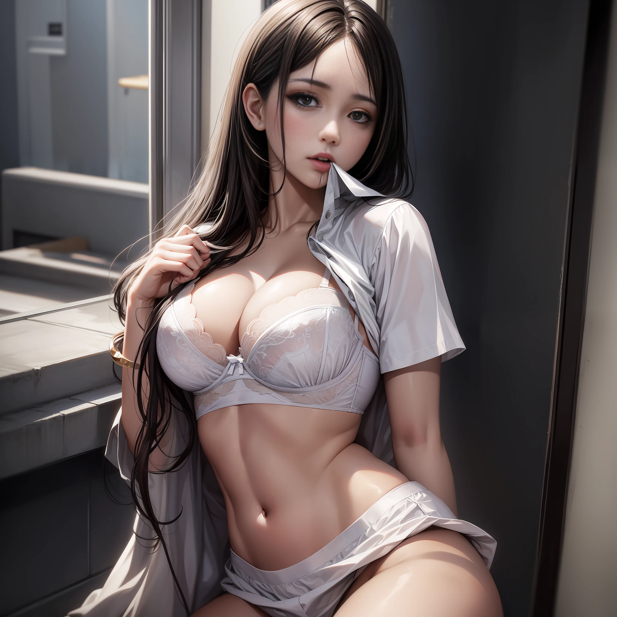 1 beautiful woman, medium breasts, clothes in mouth, neckline, navel, t-shirt, ((white bra)), clothes lift, shirt in mouth,