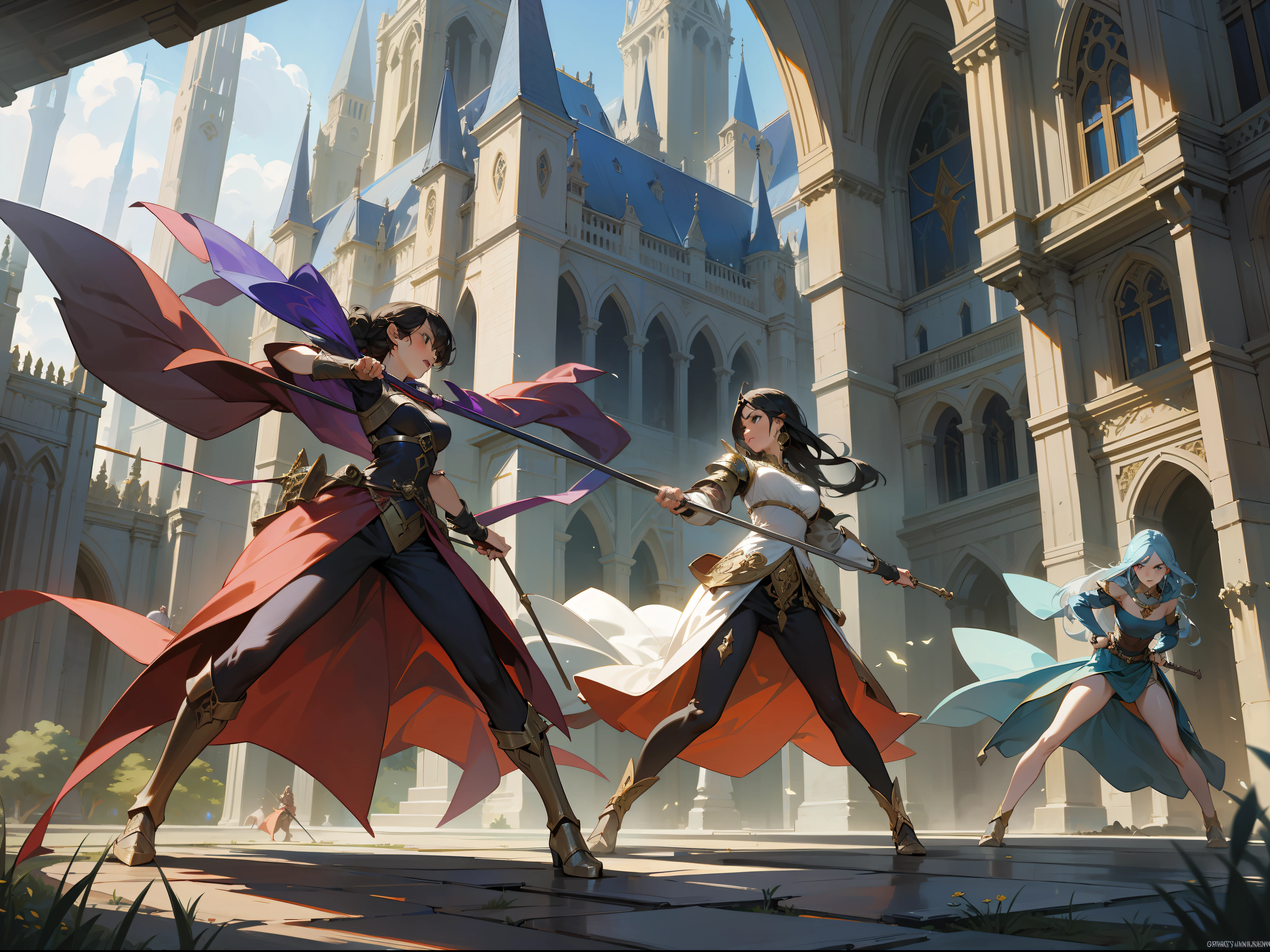 Masterpiece, best quality, women, a group of sorceresses, manipulating elements of nature, fantasy, medieval, in a battle arena, dynamic pose, beautiful detailed brilliance.