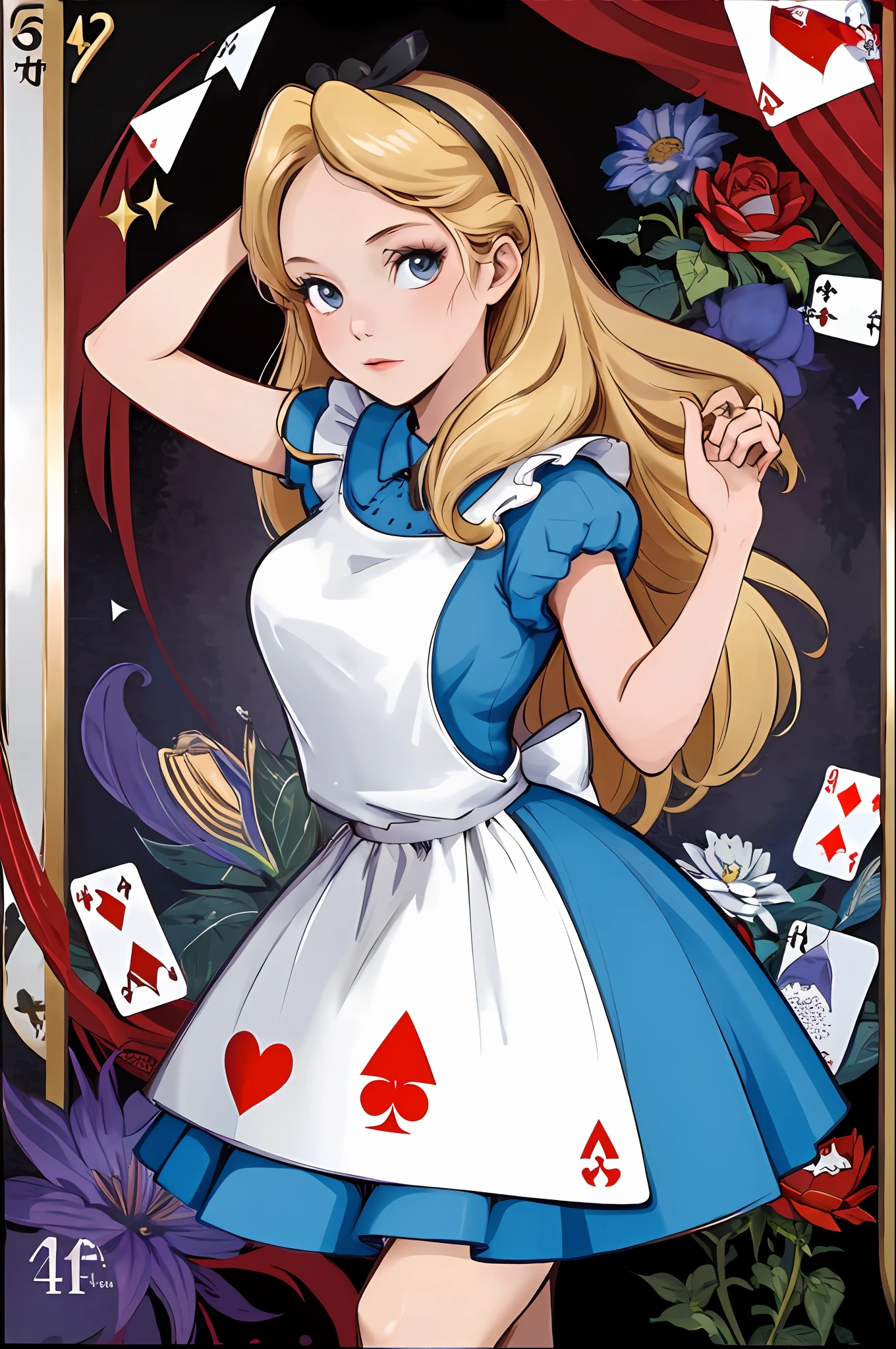 masterpiece,best quality,highres, ultra-detailed, solo, 1girl,  AliceWonderlandWaifu, dress, large breast, in worderland,
have a playing cards