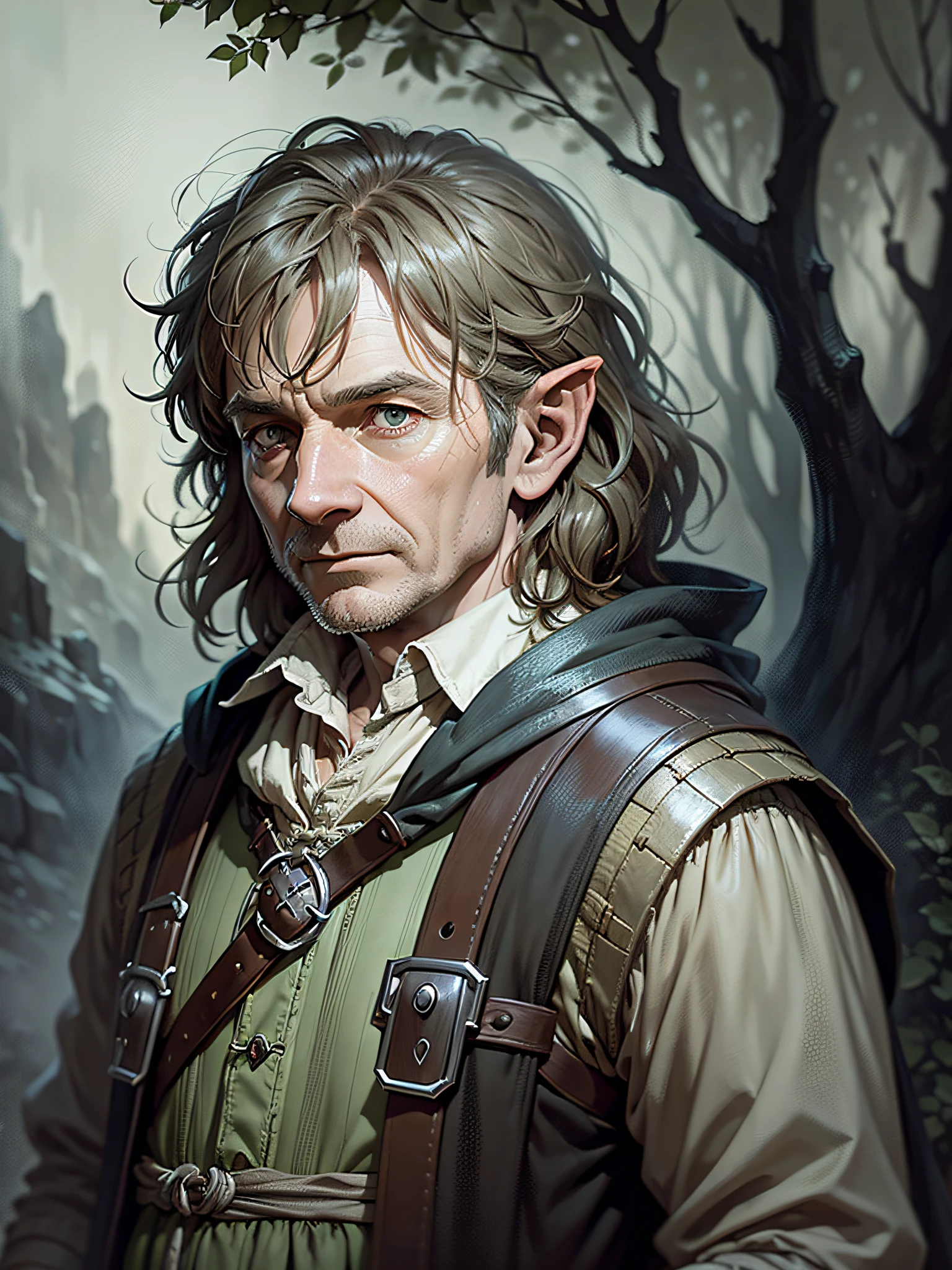 Bilbo LOTR Baggins, halfling, hobbit, High detail RAW color art, animation, Martin Freeman as Bilbo LOTR Baggins, (County hobbit), by Jeremy Mann , Greg Manchess, Antonio Moro, trend at ArtStation, trend at CGSociety, Intricate, High Detail, Sharp Focus, dramatic and photorealistic art by Midjourney and Greg Rutkowski, SHIRE in the background, IN THE COUNTY