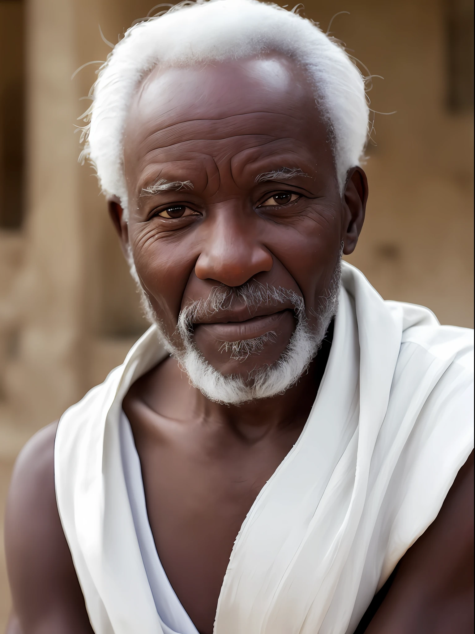 Hyper realistic photo RAW, 1man, old african man, white clothes, white hair, time marks on skin, expressive look, blurred background, (highly detailed skin: 1.2), 8k uhd, dslr, soft lighting, high quality, film grain, Fujifilm XT3