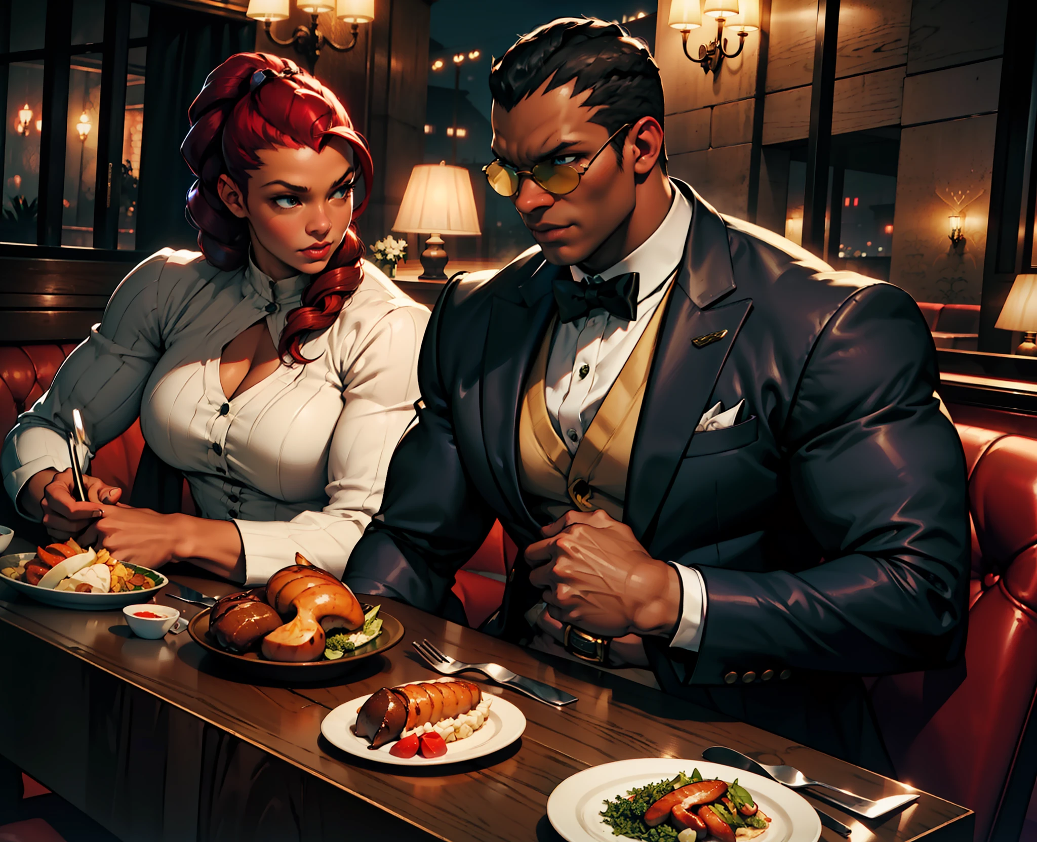 Couple, ((crmson viper)), ((balrog)), dining in luxury restaurant, couple in love, night, Illuminated by internal light, Digital art, 3D, Realistic raytraicing, cinematic light, executive social clothing, (street fighter_couple)