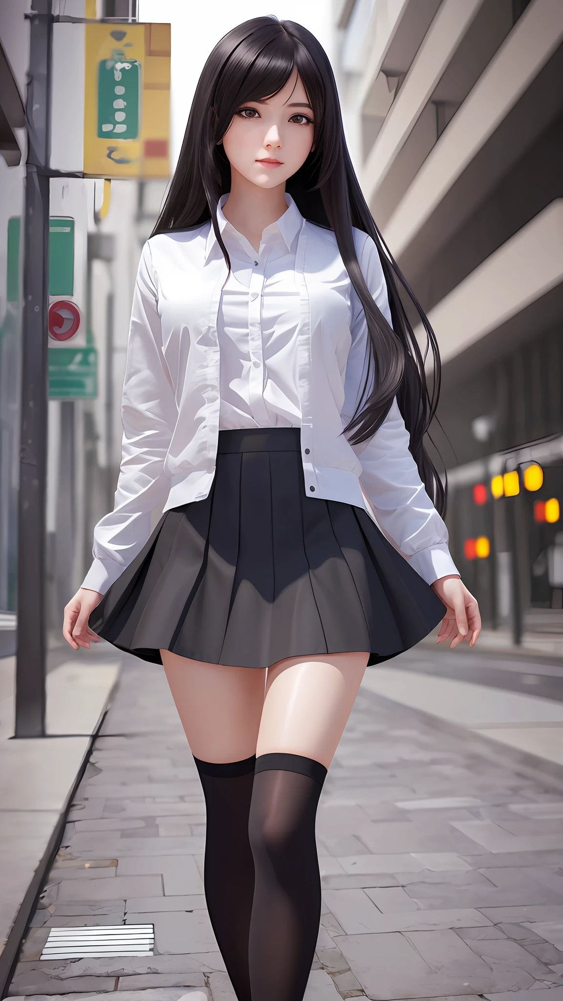 ((masterpiece, best_quality)), 1girl, (photorealistic:1.4),  solo, white_background, black_hair, long_hair,   zettai_ryouiki, skirt, ((full_body)),