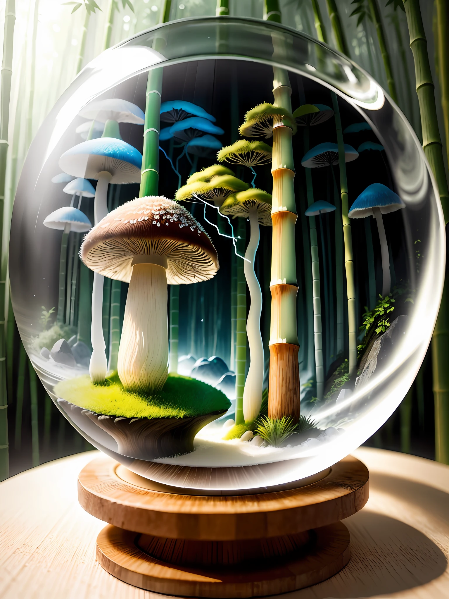 Ultra-realistic, 16K high resolution, (Max Sharp Focus: 1.3), (Max Close-up: 0.5), (Bamboo forest trapped in crystal ball with pedestal, mushroom: 1.7), (Storm, lightning, fantastic fog, white sand, shining light: 1.3)