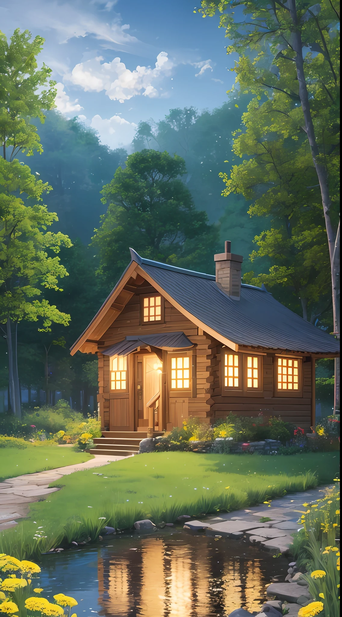 Countryside at night, winding cobblestone roads (1.4), roadsides overgrown with dandelions (1.2). In the distance, there is a small cabin, and the lights in the house shine through the window in the pond behind the house. Fireflies fall on dandelions. Shinkai Makoto style, extreme detail, HD, masterpiece, best quality, (very detailed CG unified 8k wallpaper) --auto --s2