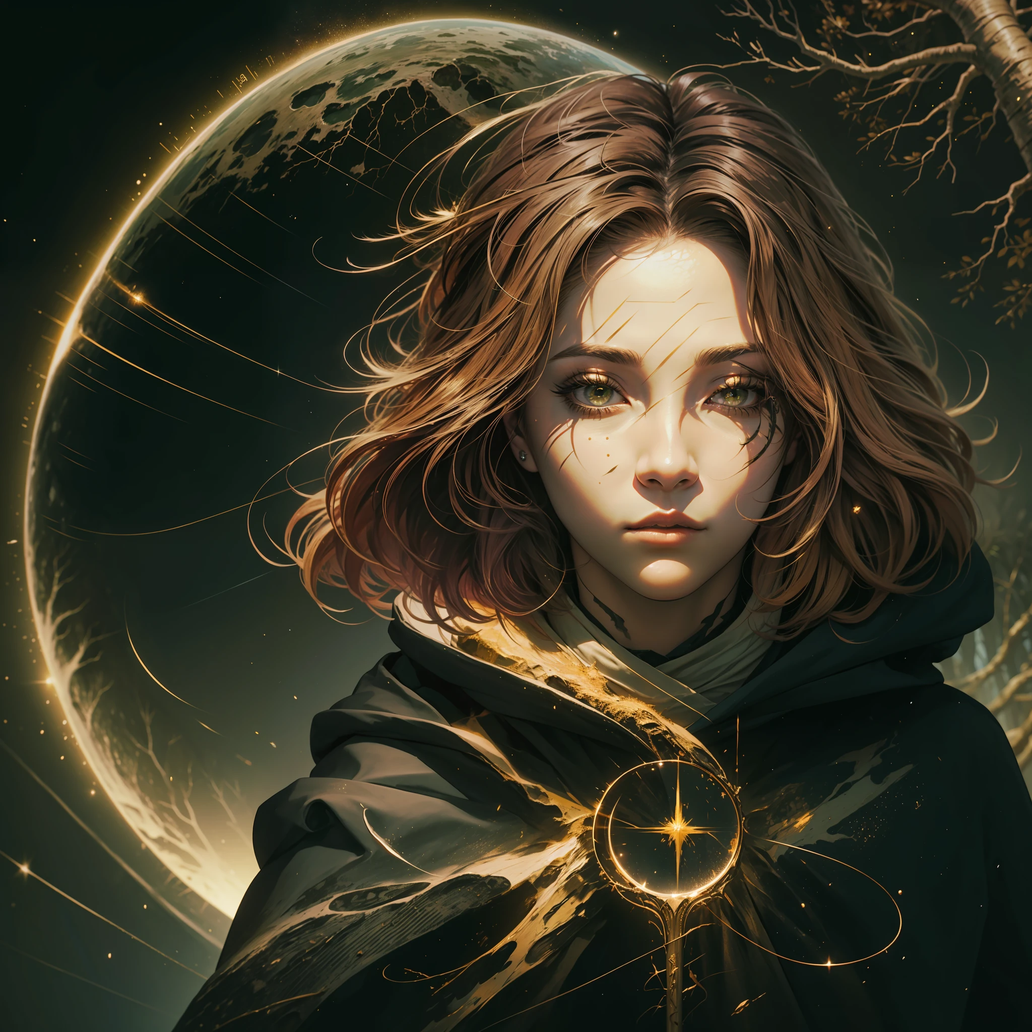 melina \(elden ring\), detailed background, ((night)), dark, erdtree in the distance, 1girl, black background, brown eyes, brown hair, cloak, green cloak, long sleeves, looking at viewer, one eye closed, short hair, solo, standing, tree, solo, yellow eyes, (pink hair:0.7), facial tattoo, expressionless, :|, tottoo on eye, eye scar , ((masterpiece)), golden, gold, divine