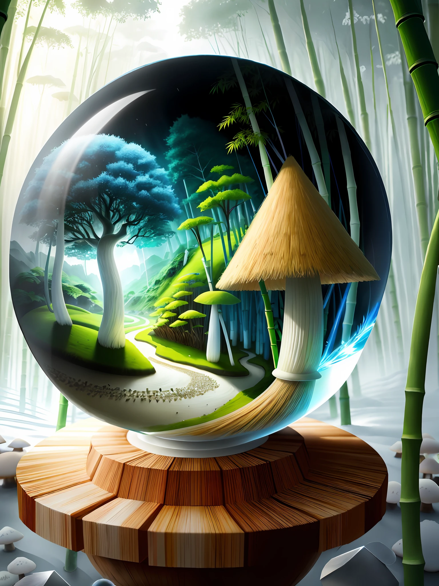 Ultra-realistic, 16K high resolution, (Max Sharp Focus: 1.3), (Max Close-up: 0.5), (Bamboo Forest vs Mushrooms Trapped in Crystal Ball with Pedestal, Millennial War: 1.7), (Storm, Thunder, Fantastic Mist, White Sand, Illuminating Light: 1.3)