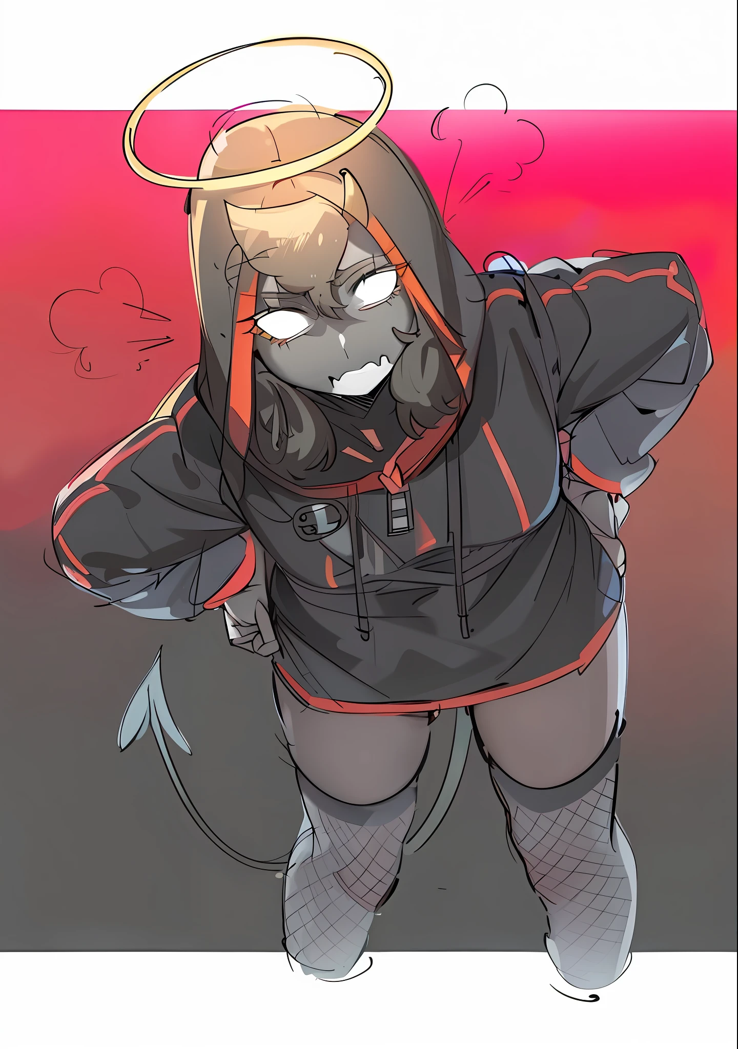A cartoon cartoon of a girl with a halo on her head, Demongirl Anime, Demon Anime Girl, with bright red eyes, in a sweatshirt, cute Demongirl anime, , in a black sweatshirt, Junko Enoshima from Danganronpa, Cyberpunk anime girl in hoodie