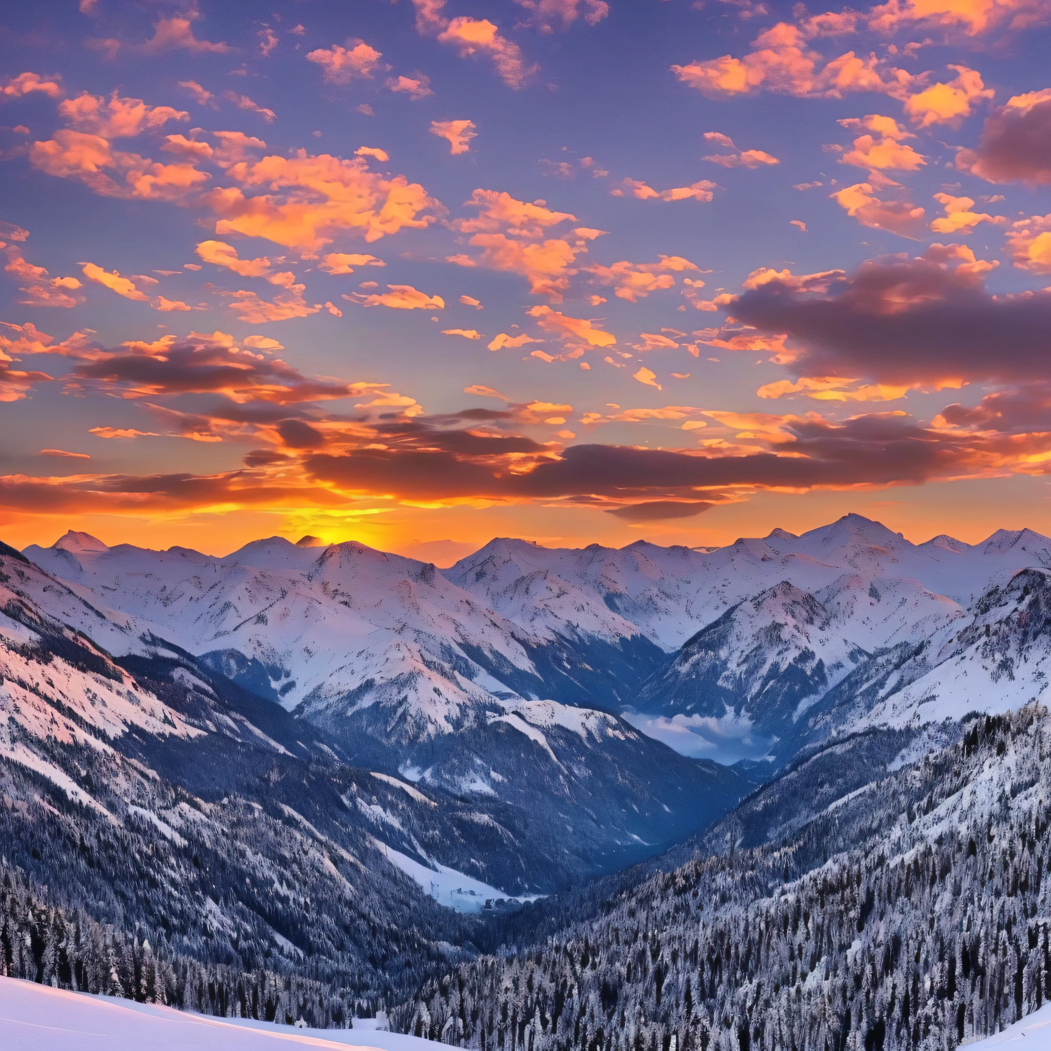 sunset, snow, mountains, clouds, Tyndall rays, (master works: 1.3), (8K wallpapers: 1.3), realistic, --auto --s2