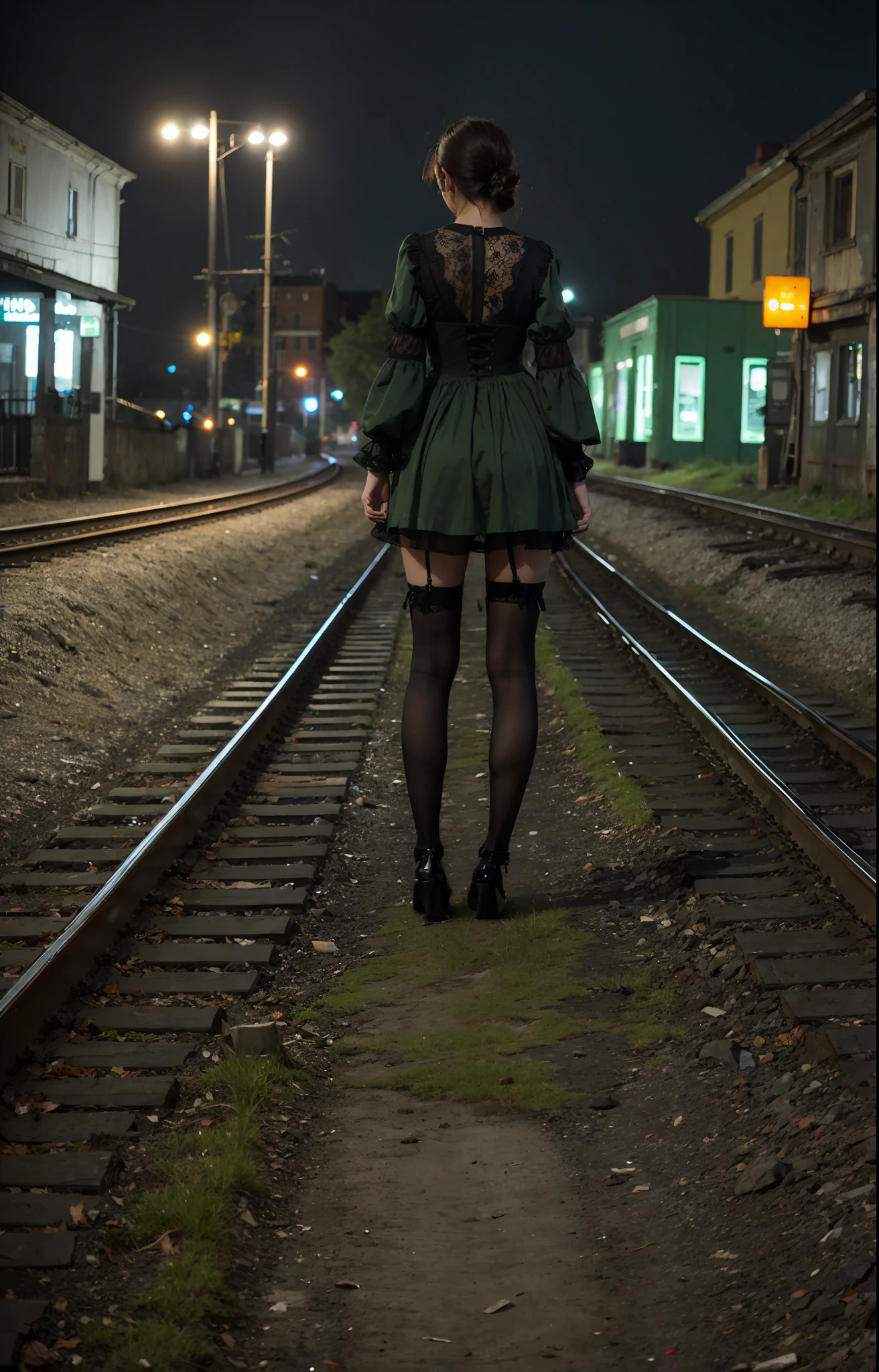 ((artistic photography)) Short dress,dark bright bright green ta lace stockings,abandoned city and next to a train in a setting of ((night photography))