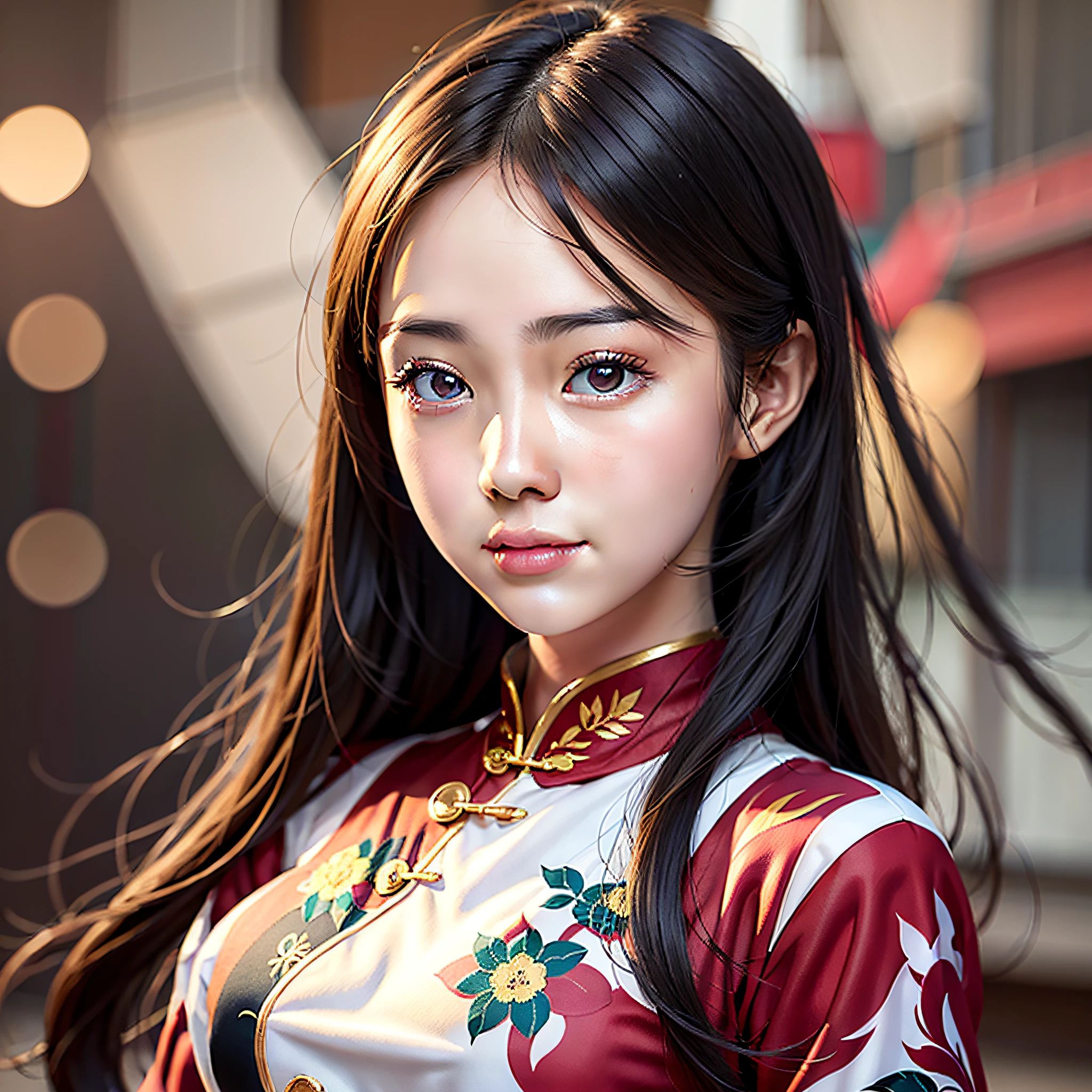 A Chinese girl, 18 years old, (full body picture 1.5) (cheongsam 1.3), beautiful eyes, real face, real skin, realistic face, realistic skin, detailed eyes, detailed facial features, detailed clothing features, (fashion hairstyle: 1.2) dynamic pose, looking at the audience, simple background, rainy day, smile, detailed face, double eyelids, no missing teeth