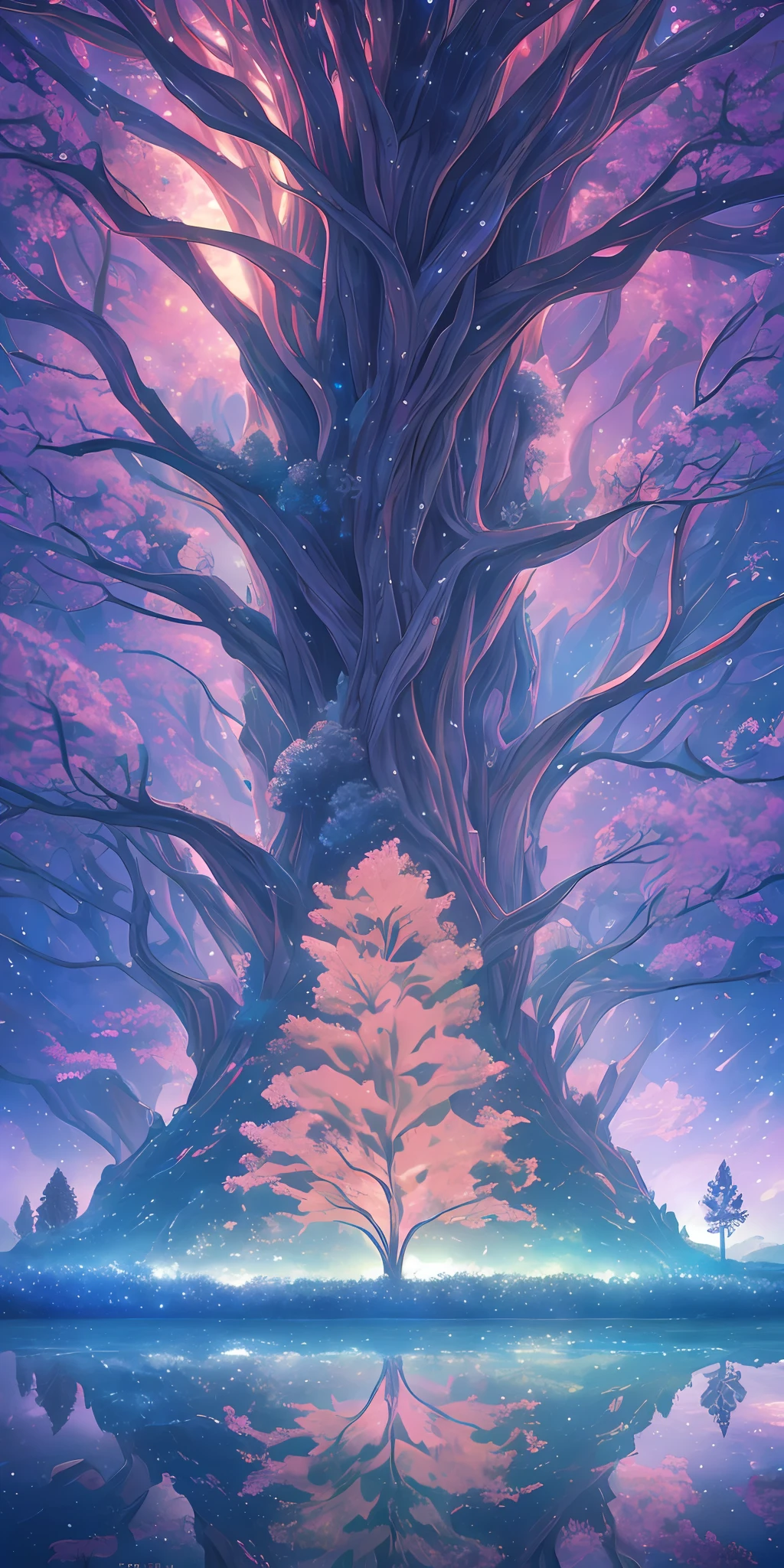 Illustration of a hyperrealistic , otherworldly, ultrasky scene featuring a giant crystal tree full body,very detailed and magical lighting, intricate forest details, vegetation and river around, solarpunk ,landscape, giant tree, beatifull leafy with beautiful lighting and realistic proportions, as if it were a cinematic background, 8k, highest quality, masterpiece, clouds and stars in the sky.
