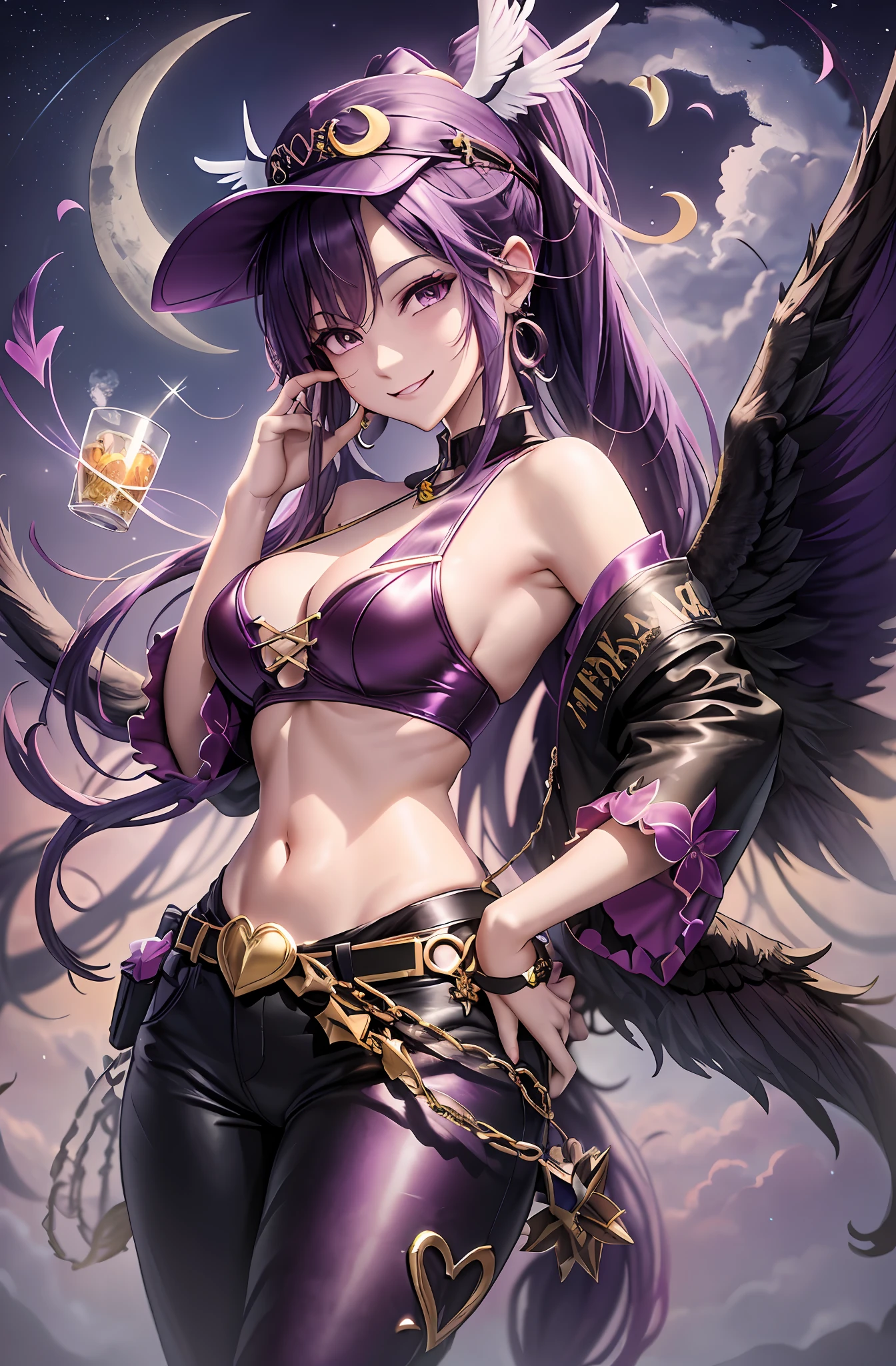 Ponytail. Longhair. Smile, purple hair. Earring. Divine wings on the back. Long pants. Smile. Crescent moon. Earphone. Navel out. Wings grown on the back. Purple wings. Hat hat. Neon Street.