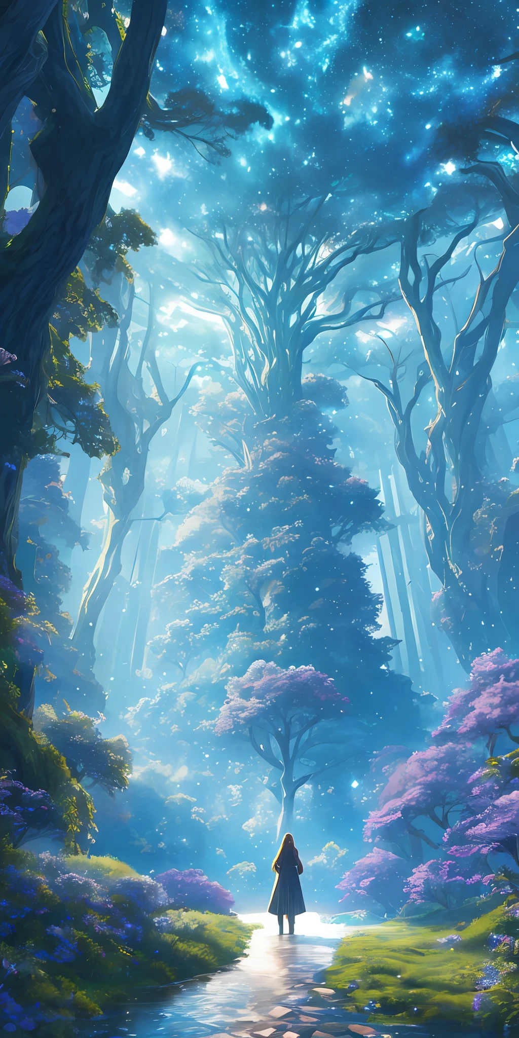 Illustration of a hyperrealistic , otherworldly, ultrasky scene featuring a giant crystal tree full body,very detailed and magical lighting, intricate forest details, vegetation and river around, solarpunk ,landscape, giant tree, beatifull leafy with beautiful lighting and realistic proportions, as if it were a cinematic background, 8k, highest quality, masterpiece, clouds and stars in the sky.