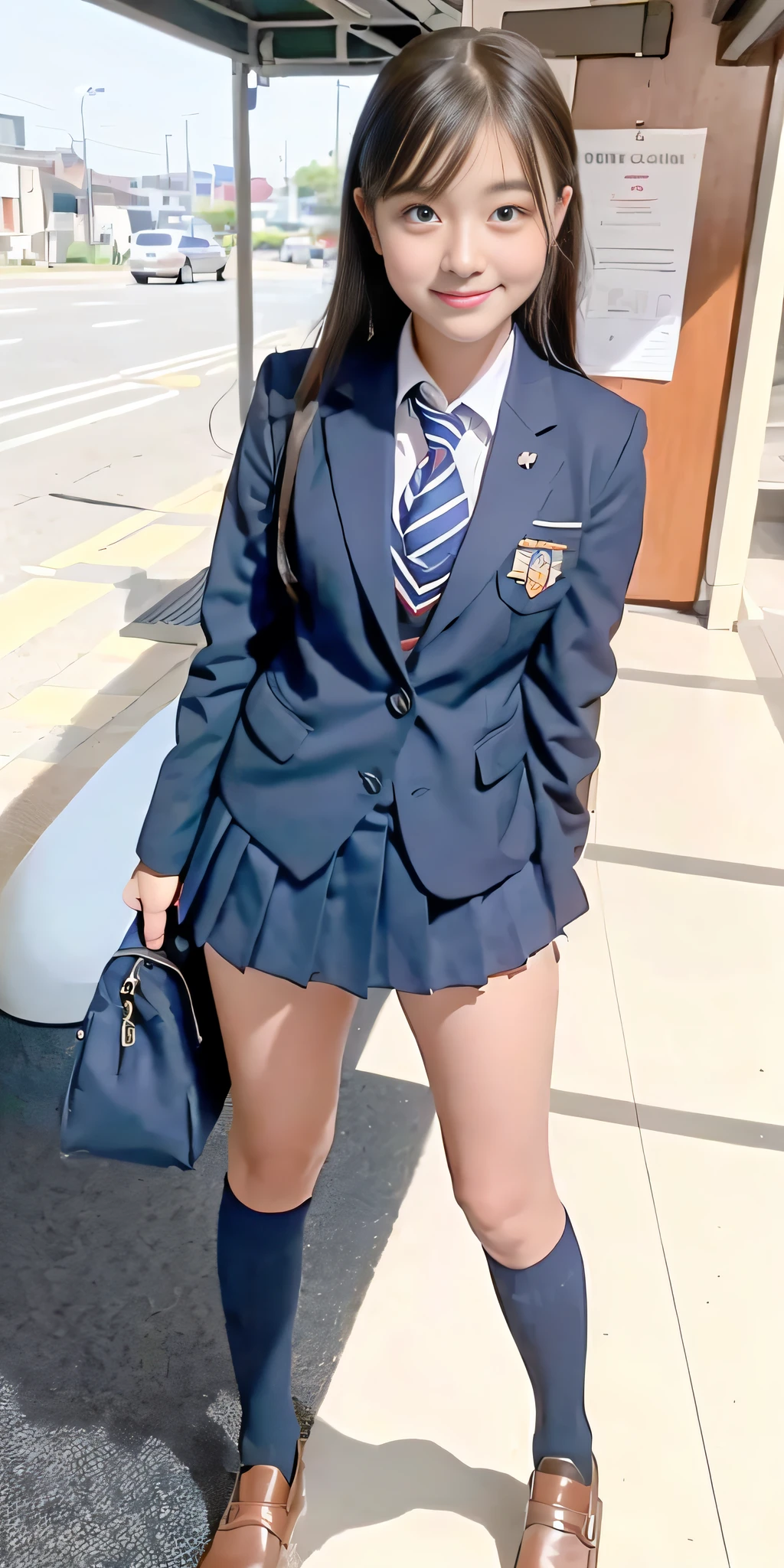 girl in uniform, Japan school uniform Japan girl wearing school uniform, jk school uniform, surreal schoolgirl, wearing school uniform, wearing school uniform, shot with Canon 5D Mk4, shooting with Canon EOS 5D Mark IV, schoolgirl wearing principal uniform, close-up of one woman, 35mm masterpiece, vivid details, super detail, realistic skin texture, live action, ultra high quality, navy blue blazer school uniform, Navy blue pleated mini skirt, navy blue high socks, dark blue high socks, brown loafers, knee little boy with high socks, smile, beautiful face, beautiful Japan woman, 18 years old, idol class cuteness, beautiful girl, full body shot, standing figure, bus stop, beautiful thighs, beautiful legs, beautiful high school girl, fiercely cute, knee little boy out, inner thigh, daytime, knee little boy out, healthy inner thigh, Raw legs between the knees and skirts, socks from below the knees, natural light, outside