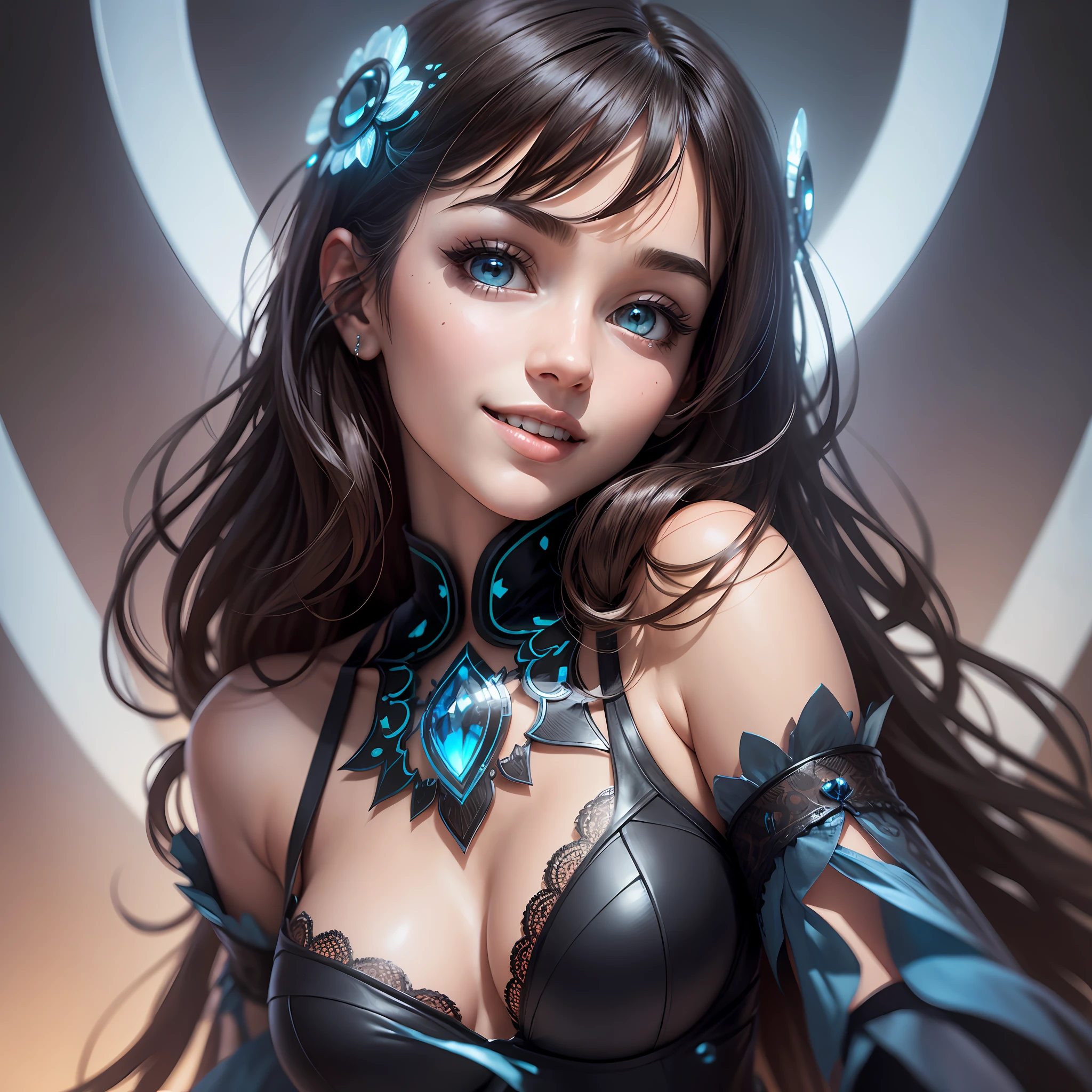 (masterpiece),  realistic, (24 years old female), party club style,open chest black lace fishnet,
 beautiful smiley face, cute face,laugh smiley girls:1.3,long hair, sunlight, 
cinematic light, bangs, a beautiful woman, beautiful eyes, deep brown color hair, 
perfect anatomy, very cute, princess eyes , (black eyes) , (frame the head), Centered image,
 stylized, bioluminescence, 8 life size,8k Resolution, white low-cut dress with small blue details,
 human hands, wonder full, elegant, approaching perfection, dynamic, highly detailed, character sheet, 
concept art, smooth, facing directly at the viewer positioned so that their body is symmetrical and balanced, 
stunningly beautiful girl, detailed hairstyle, --auto --s2