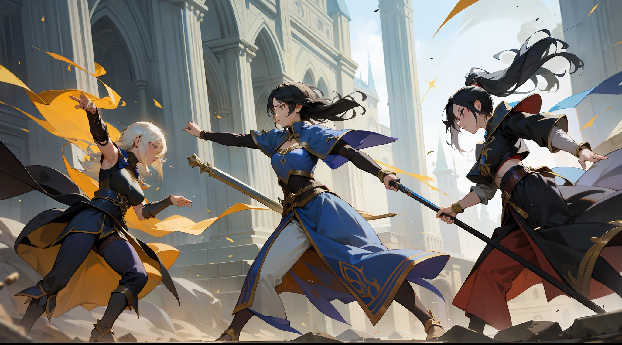 masterpiece, best quality, women, a group of sorceresses fighting warriors, manipulating elements of nature, fantasy, medieval, in a battle arena, dynamic pose, beautiful detailed brilliance.