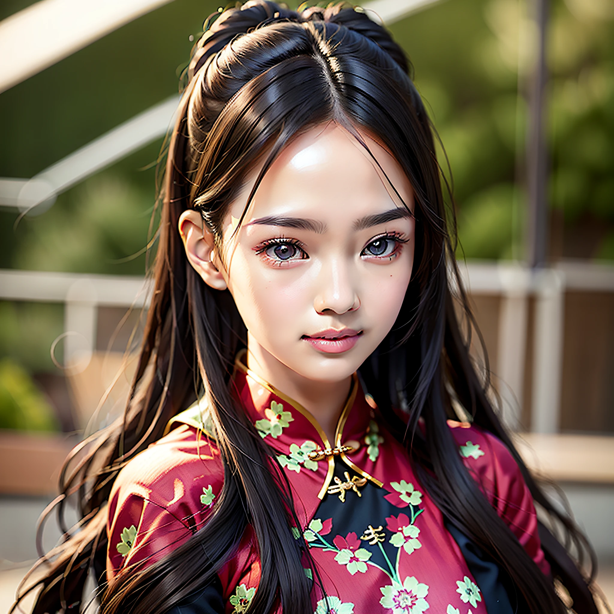 A Chinese girl, 18 years old, (full body picture 1.5) (cheongsam 1.3), beautiful eyes, real face, real skin, realistic face, realistic skin, detailed eyes, detailed facial features, detailed clothing features, (fashion hairstyle: 1.2) dynamic pose, looking at the audience, simple background, rainy day, smile, detailed face, double eyelids, no missing teeth