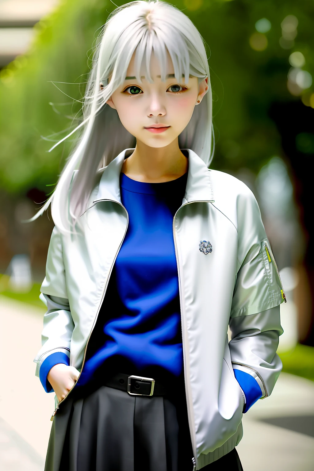 Beautiful loli with a white haired man with gray jacket