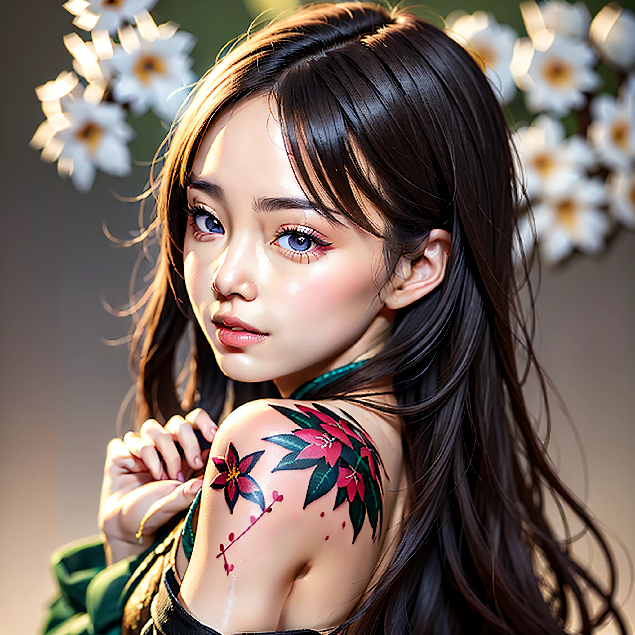 A Chinese girl, 18 years old (back orchid tattoo 1.5), (full body picture 1.2), (open back 1.1) beautiful eyes, real face, real skin, realistic face, realistic skin, detailed eyes, detailed facial features, detailed clothing features, (fashion hairstyle: 1.2) dynamic pose, looking at the audience, simple background, smile, detailed face, double eyelids,