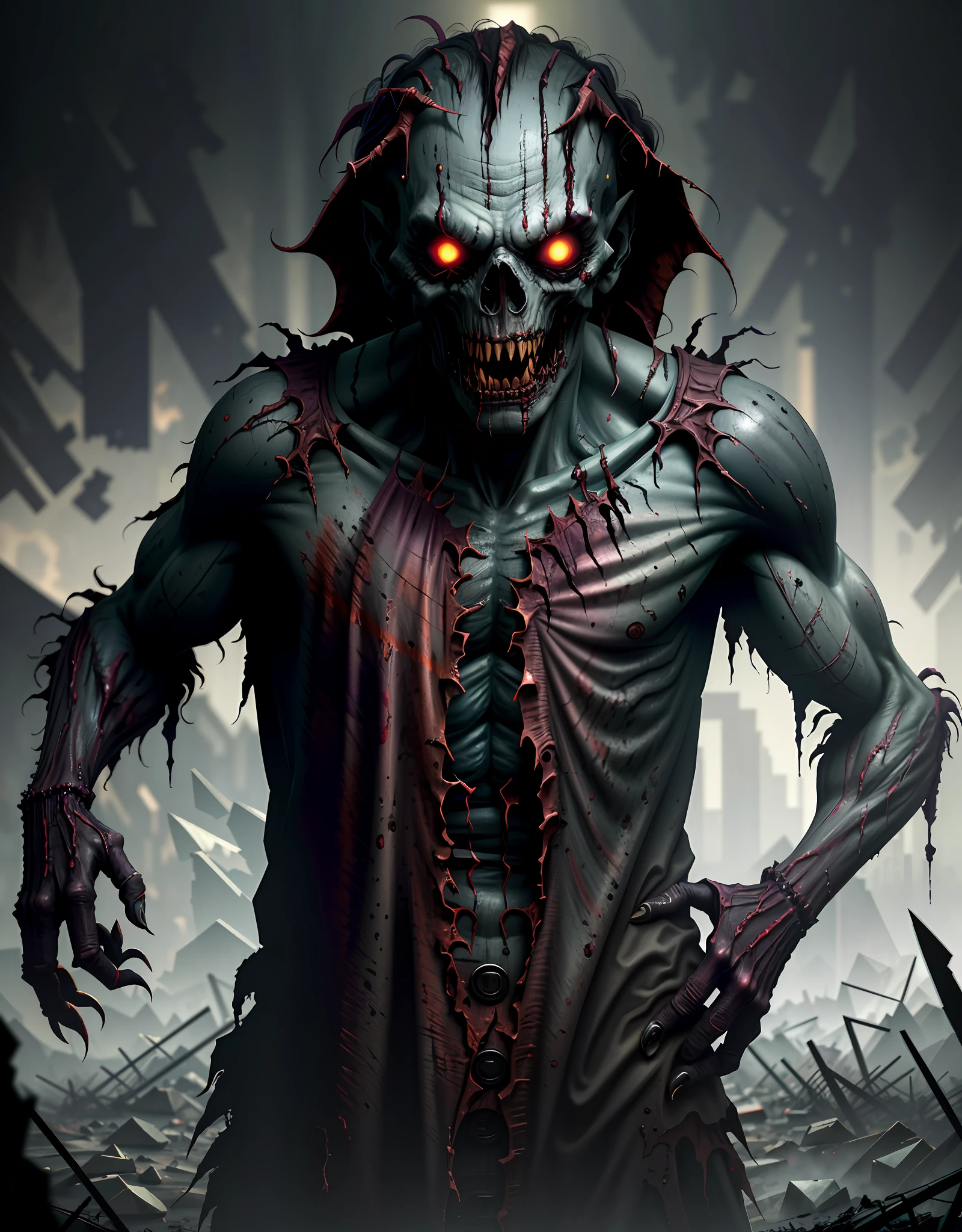 Scary demonic zombie monster, high-quality raw photo, excellent composition (cinematic lighting, cinematic colors, text, masterpiece, high detail, best quality, photorealism, ultra-realism, 8K HDR: 1.2),