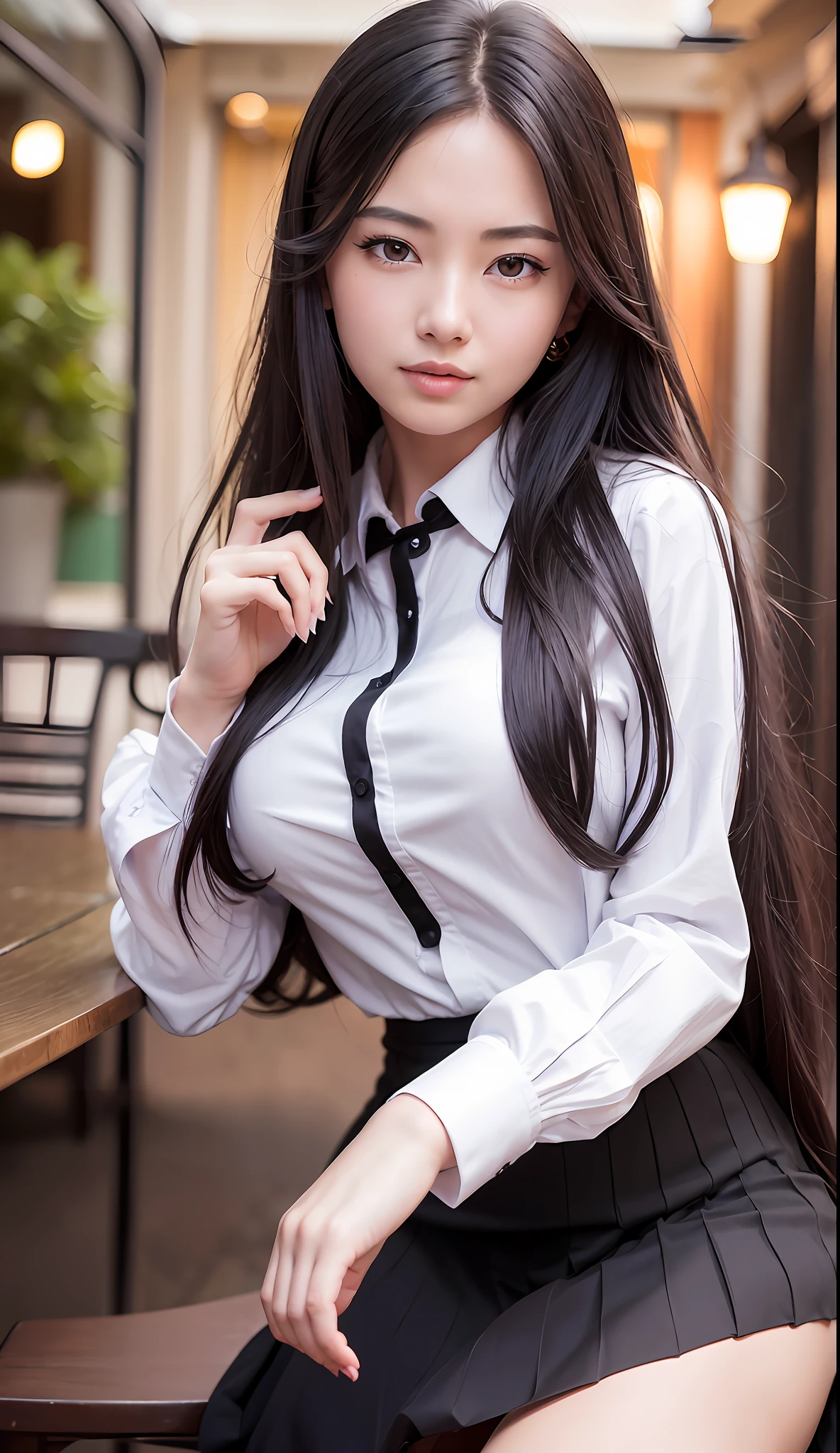 (8k, RAW photo, best quality, masterpiece:1.2), (realistic, photo-realistic:1.37), ultra-detailed,
1 girl,cute, solo,beautiful detailed sky,detailed cafe,night,sitting,dating,(nose blush),(smile:1.1),(closed mouth),large breasts, seductive smile, large aparture, professional lighting, Sony A7R4, Zessie 50mm F1.8,
beautiful detailed eyes,(black collared shirt:1.1),pleated skirt,(long hair hair:1.2),mature women, dynamic pose, floating hair, --s2
