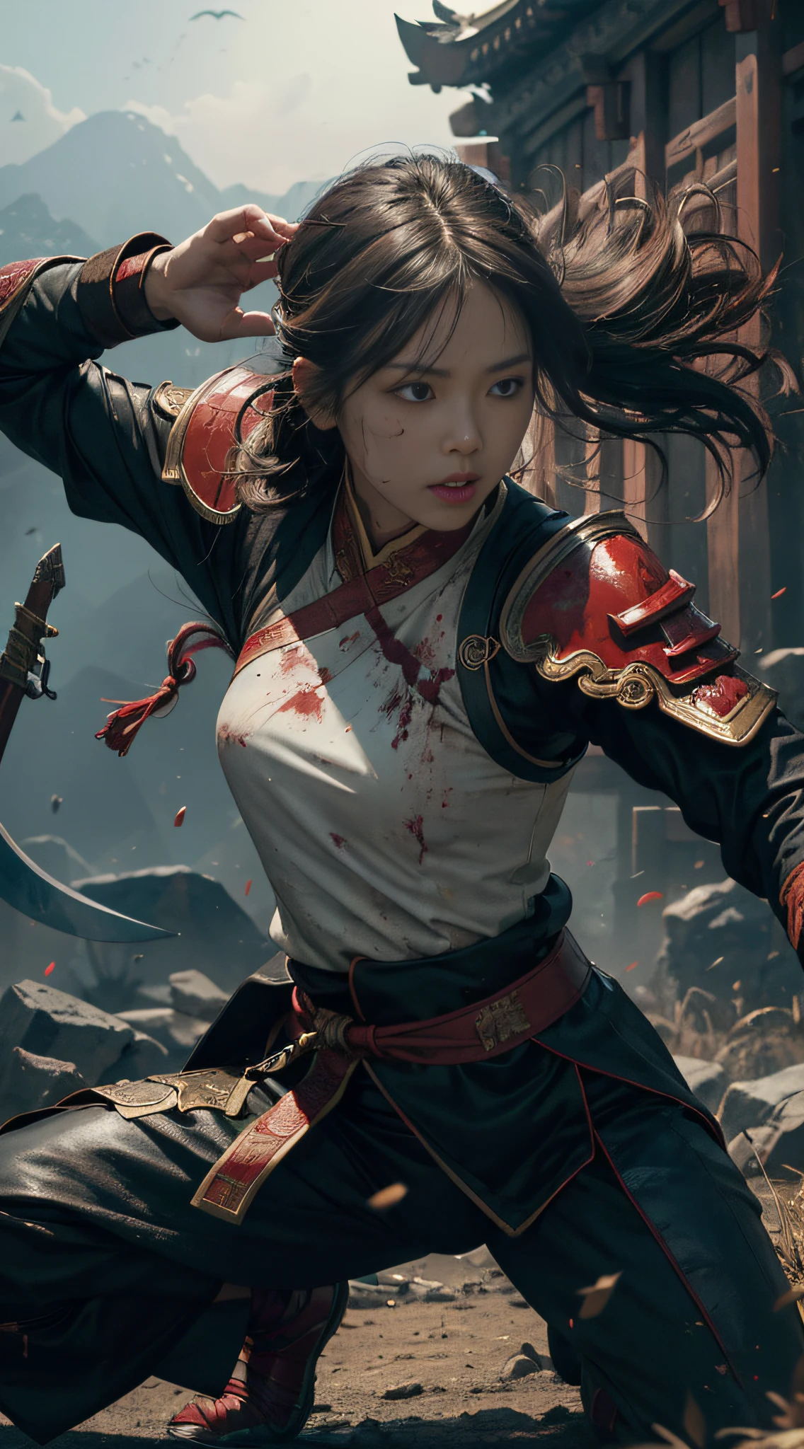 (Positive Focus), (In the Dark: 1), (Best Quality), (Realisticity: 1), Realistic skin texture, highly detailed, 8k wallpaper, volumetric lighting, dynamic lighting, a girl, black robe, red belt, a small amount of armor, shoulder armor, waist protection, hand guards, veiling, holding a short sword in front of you, ancient Chinese wind, escape action, running, escaping, being chased, short sword at the waist, half-squatting attack posture, blood stains, clothes are torn, ancient Chinese battlefield, a group of ancient soldiers chasing and killing, arrows flying, War, night, dramatic composition,