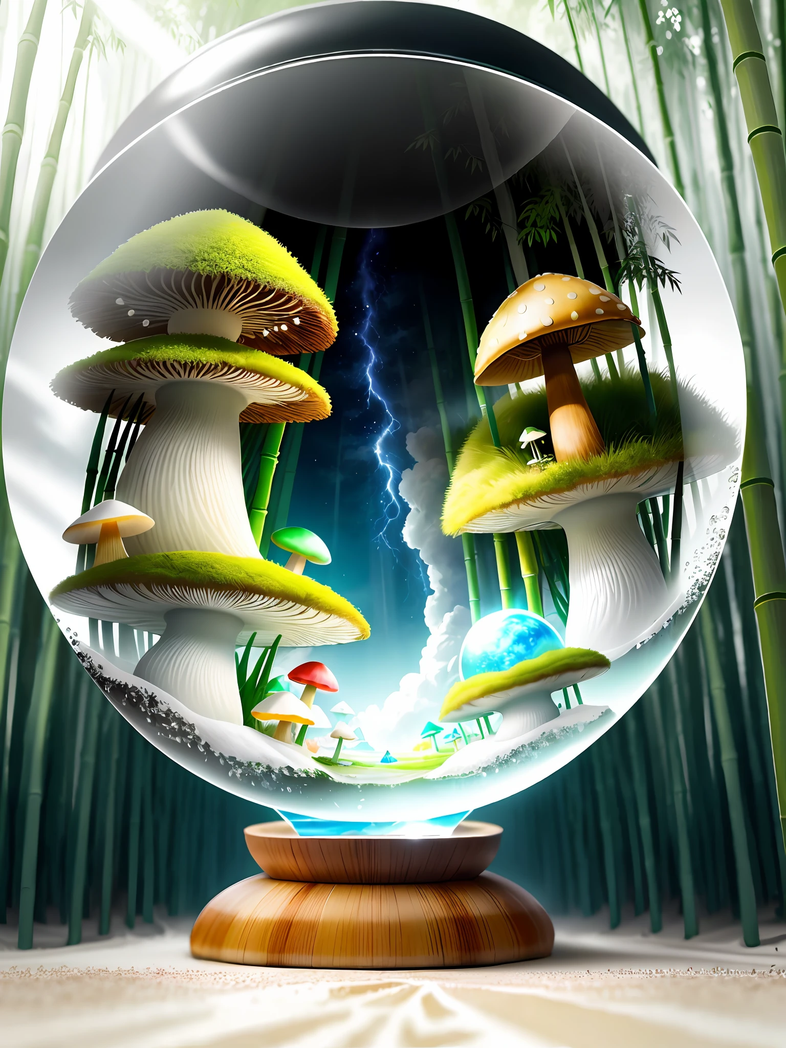 Ultra-realistic, 16K high resolution, (Max Sharp Focus: 1.3), (Max Close-up: 0.5), (Bamboo Forest vs Mushrooms Trapped in Crystal Ball with Pedestal, Millennial War: 1.7), (Storm, Thunder, Fantastic Mist, White Sand, Illuminating Light: 1.3)