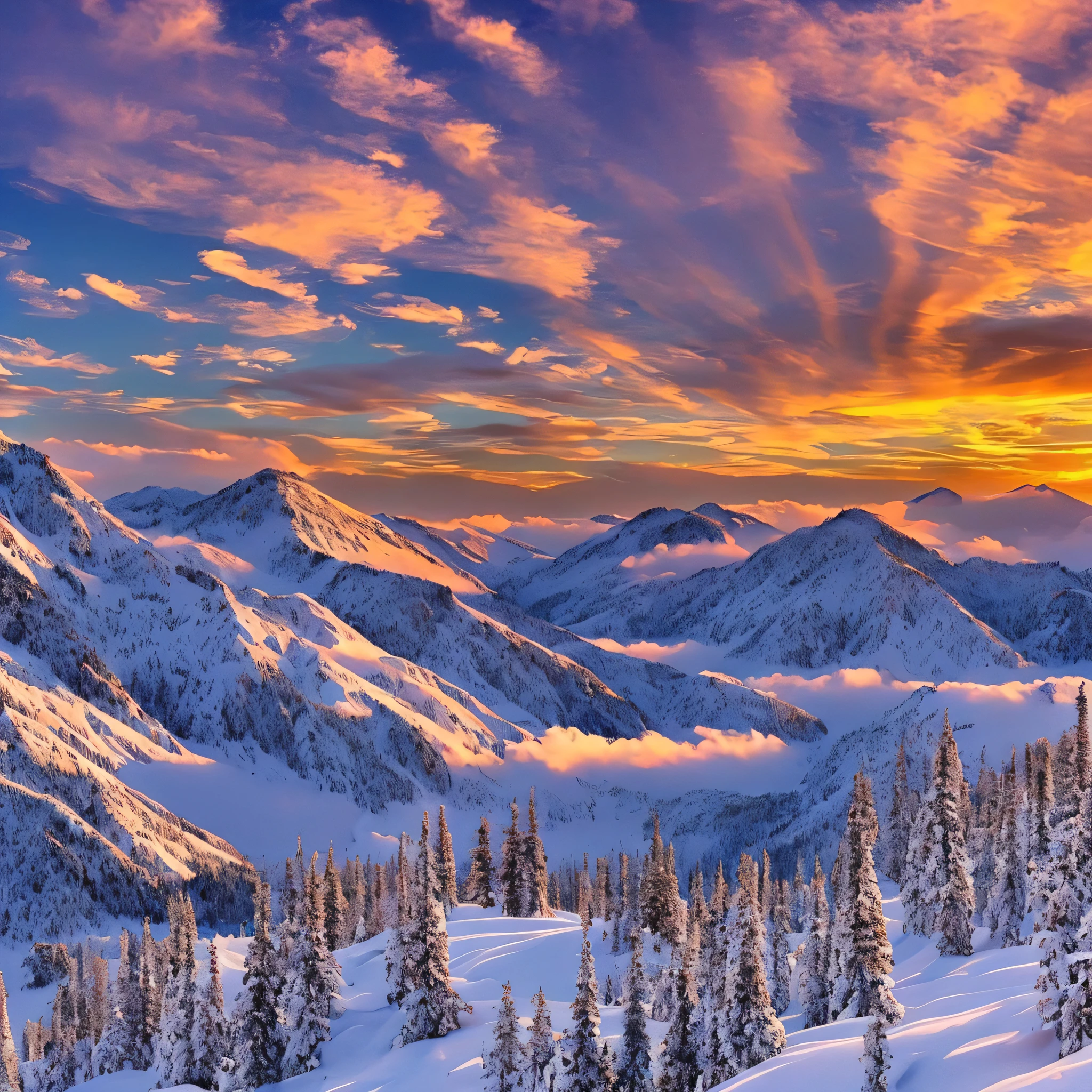 sunset, snow, mountains, clouds, Tyndall rays, (master works: 1.3), (8K wallpapers: 1.3), realistic, --auto --s2