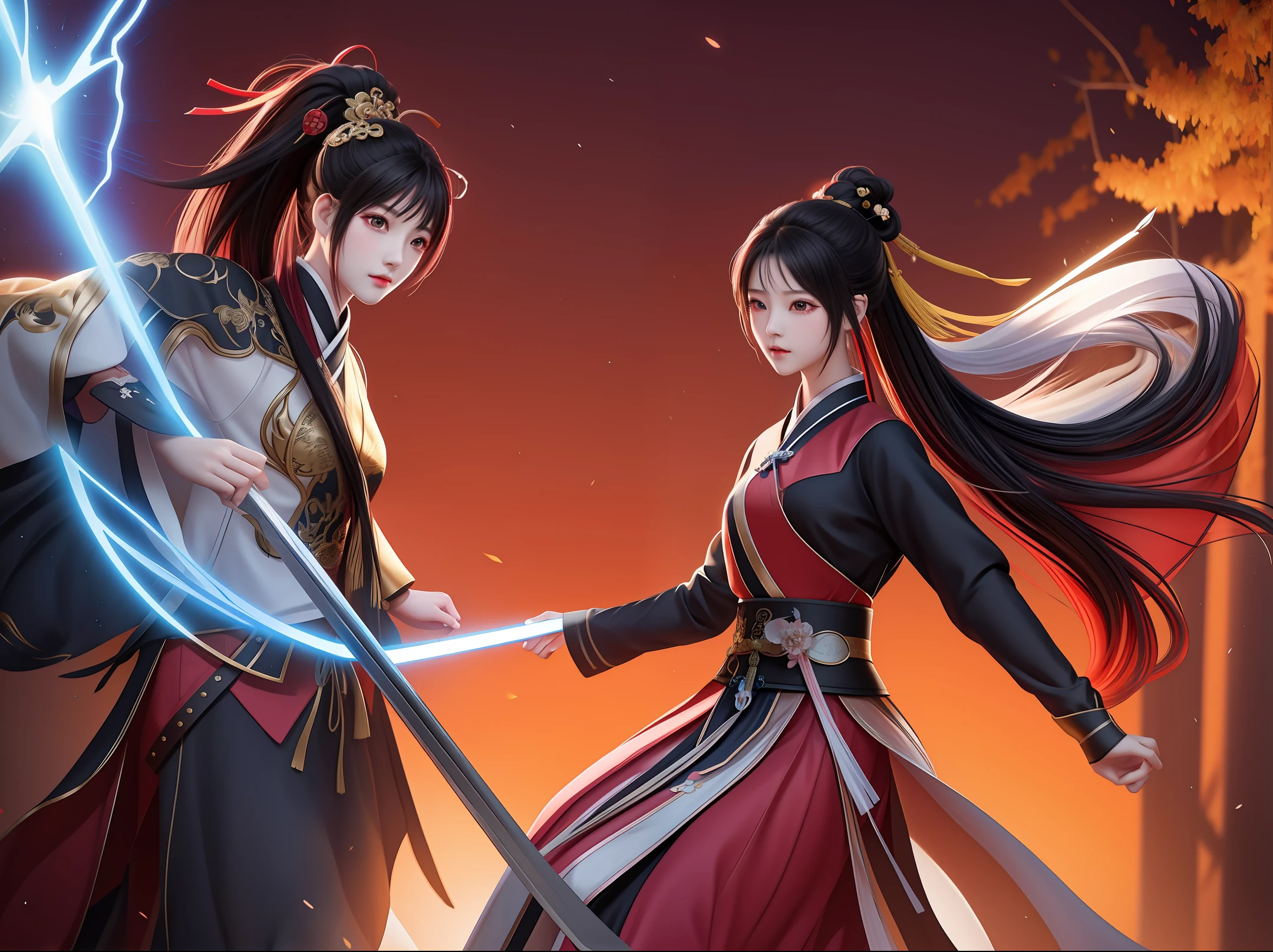 Chinese women's martial arts, sword light and shadow, lightning special effects, ancient times, Hanfu, Tang dynasty, sword, sword drawing action, ancient style anime, anime style characters, anime aesthetic style, Unity 8k wallpaper, super detailed, beautiful and beautiful, masterpiece, best quality, (dynamic angle: 1.4), glowing skin, (floating colorful flash: 1) the most beautiful chaotic form, elegant, brutalist design, bright colors, romantic depth of field, black hair, high ponytail, red and black clothes