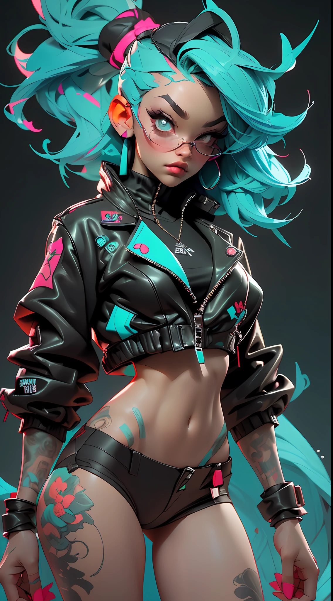 ((Best Quality)), ((Masterpiece)), ((Realistic)) and ultra-detailed photography of a 1nerdy girl with goth and neon colors. She has ((turquoise hair)), wears a (tech-wear jacket) and a (black thong, red pattern:1.2) , ((beautiful and aesthetic)), sexy, under-boobs, hot