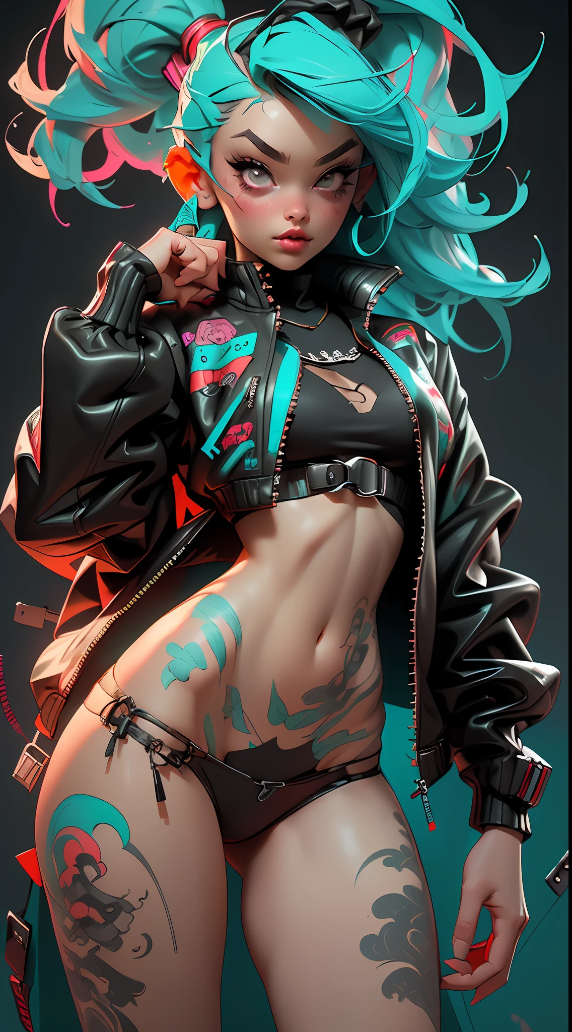 ((Best Quality)), ((Masterpiece)), ((Realistic)) and ultra-detailed photography of a 1nerdy girl with goth and neon colors. She has ((turquoise hair)), wears a (tech-wear jacket) and a (black thong, red pattern:1.2) , ((beautiful and aesthetic)), sexy, under-boobs, hot