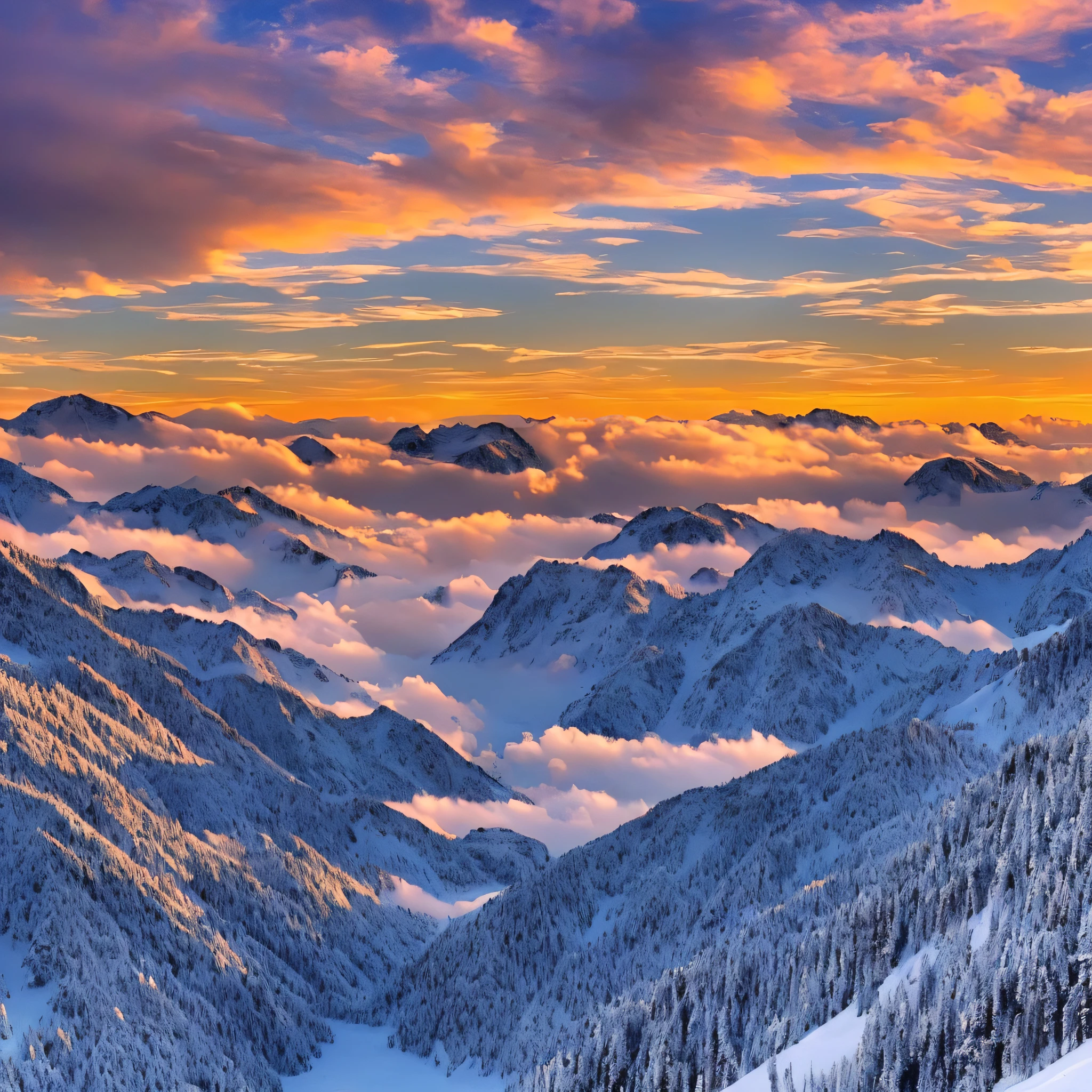 sunset, snow, mountains, clouds, Tyndall rays, (master works: 1.3), (8K wallpapers: 1.3), realistic, --auto --s2