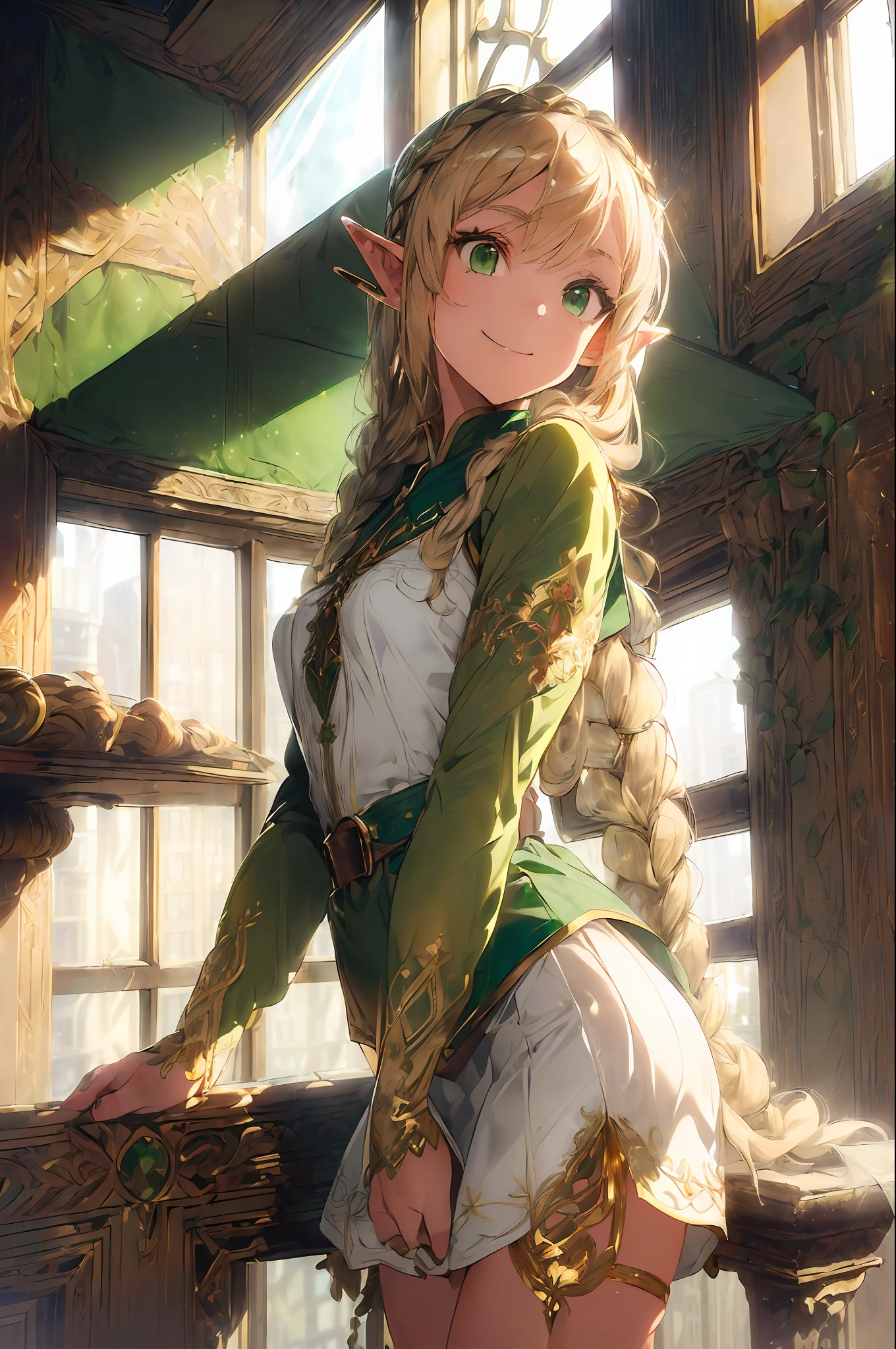 (((Masterpiece, highest quality, precision, ultra-detail)))), (Fantasy)), ((Elf woman))))), ((Gold embroidered white miniskirt))))), (Blonde long braid hair), (Large shiny dark green eyes), ((Green surcoat with gold embroidery)), ((Big)), Smile, (((Looking out the window of the 30th floor of the old tower))), Dynamic Angle