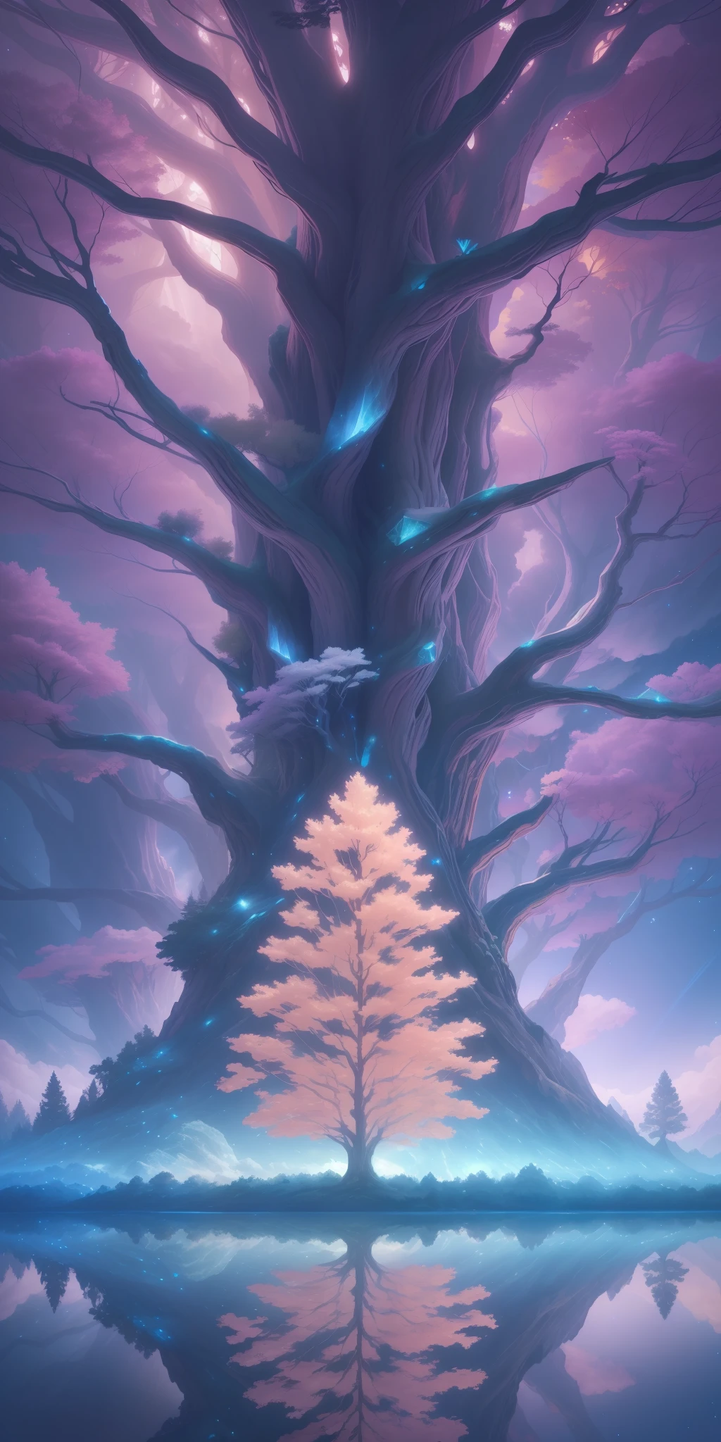 Illustration of a hyperrealistic , otherworldly, ultrasky scene featuring a giant crystal tree full body,very detailed and magical lighting, intricate forest details, vegetation and river around, solarpunk ,landscape, giant tree, beatifull leafy with beautiful lighting and realistic proportions, as if it were a cinematic background, 8k, highest quality, masterpiece, clouds and stars in the sky.